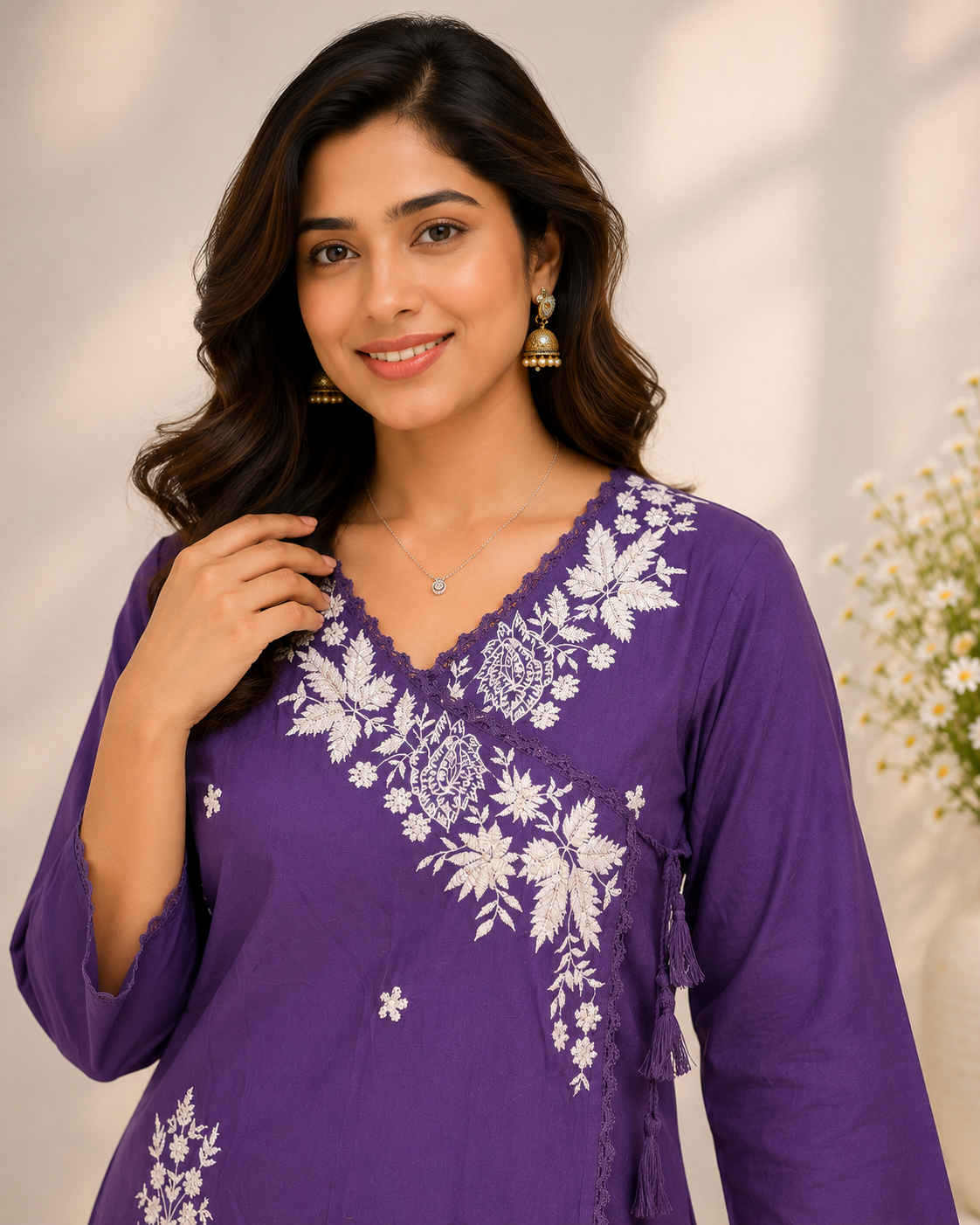 Angrakha Pattern Embroidered Cotton Suit