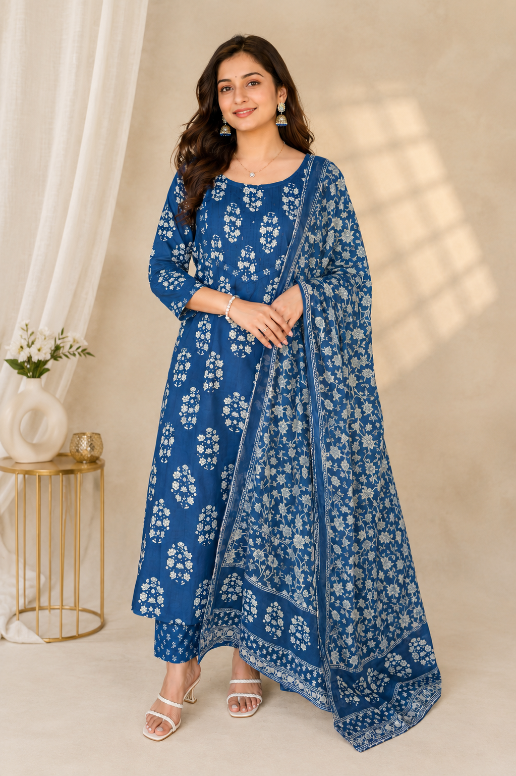 Blue Printed Cotton Suit Set