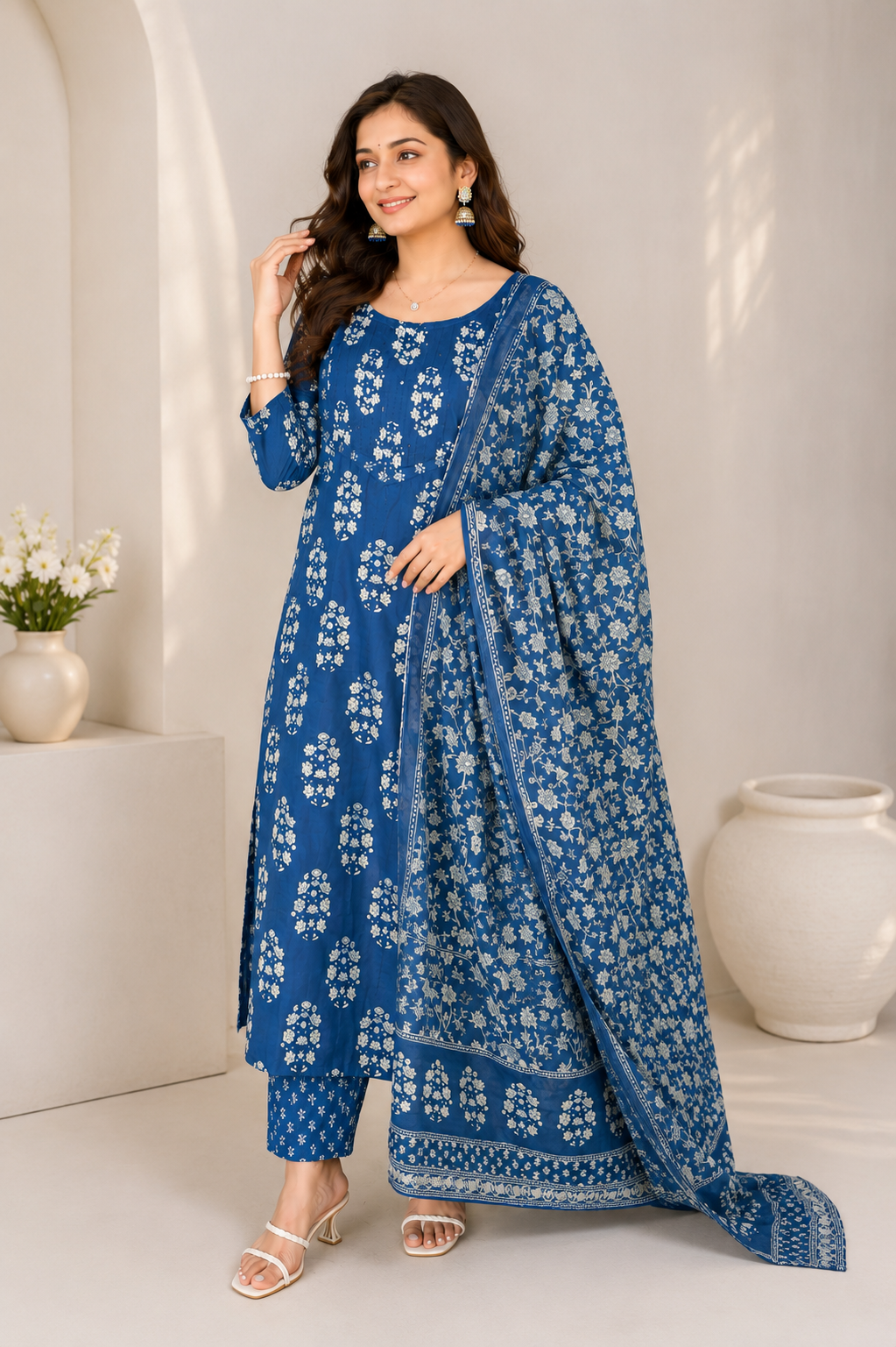 Blue Printed Cotton Suit Set