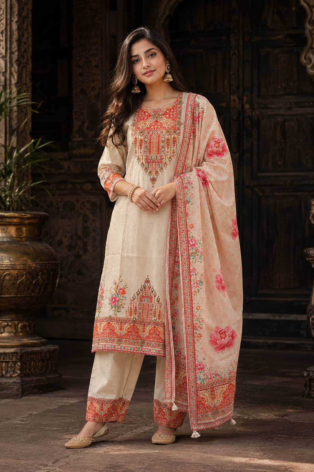 Ivory Floral Printed Cotton Suit Set with Dupatta