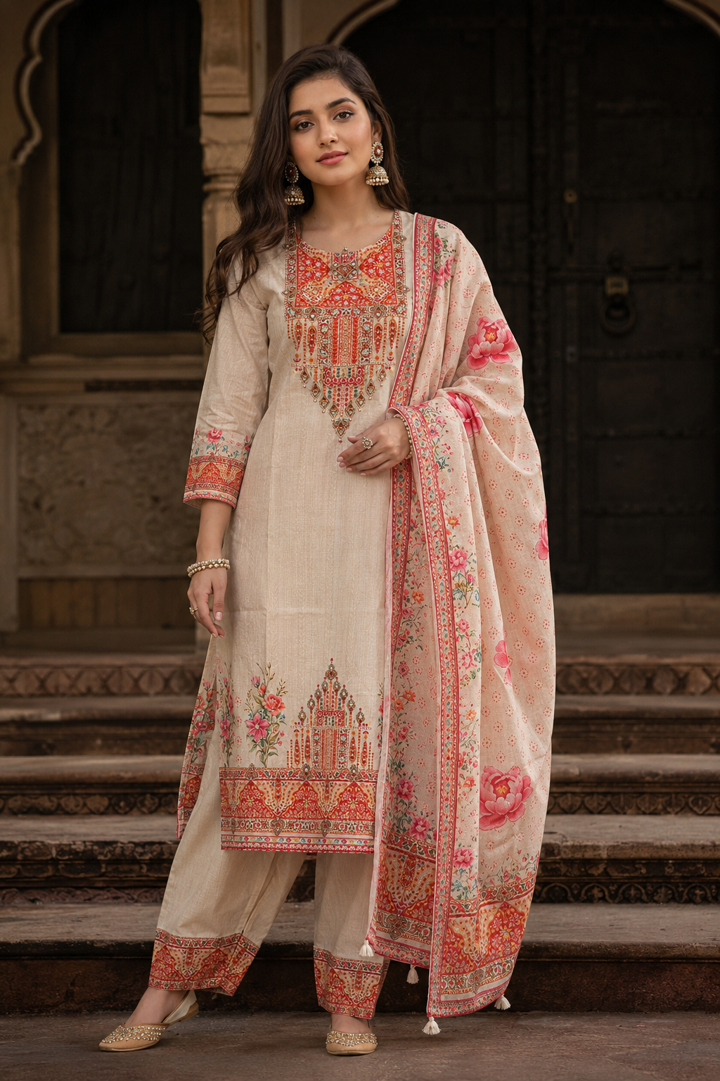 Ivory Floral Printed Cotton Suit Set with Dupatta