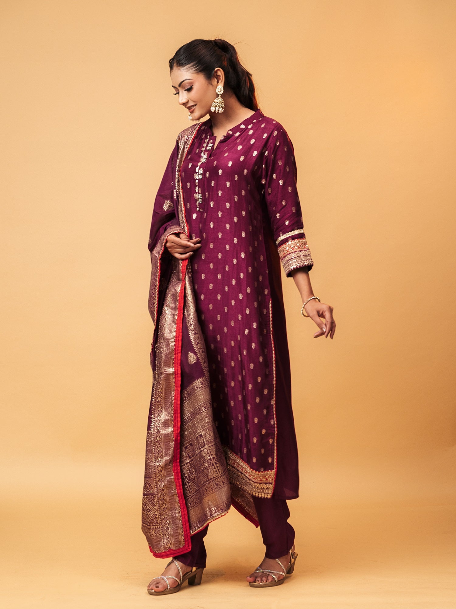 High Neck Royal Wine Banarasi Suit Set