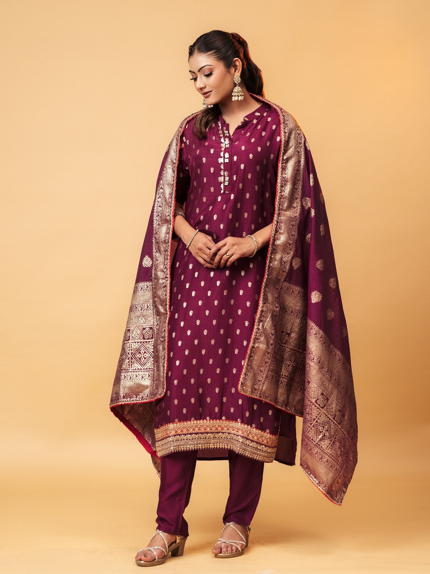 High Neck Royal Wine Banarasi Suit Set