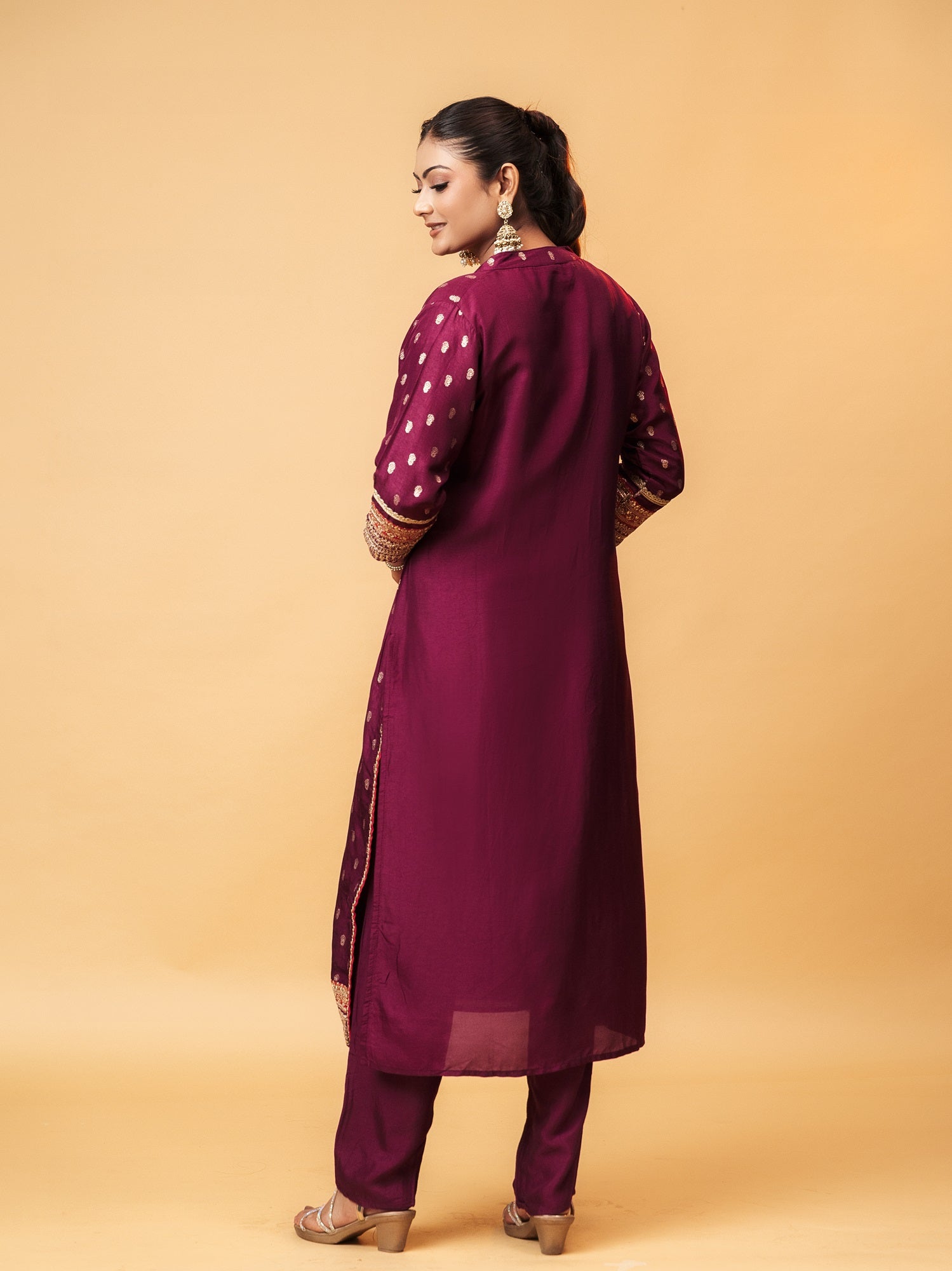 High Neck Royal Wine Banarasi Suit Set