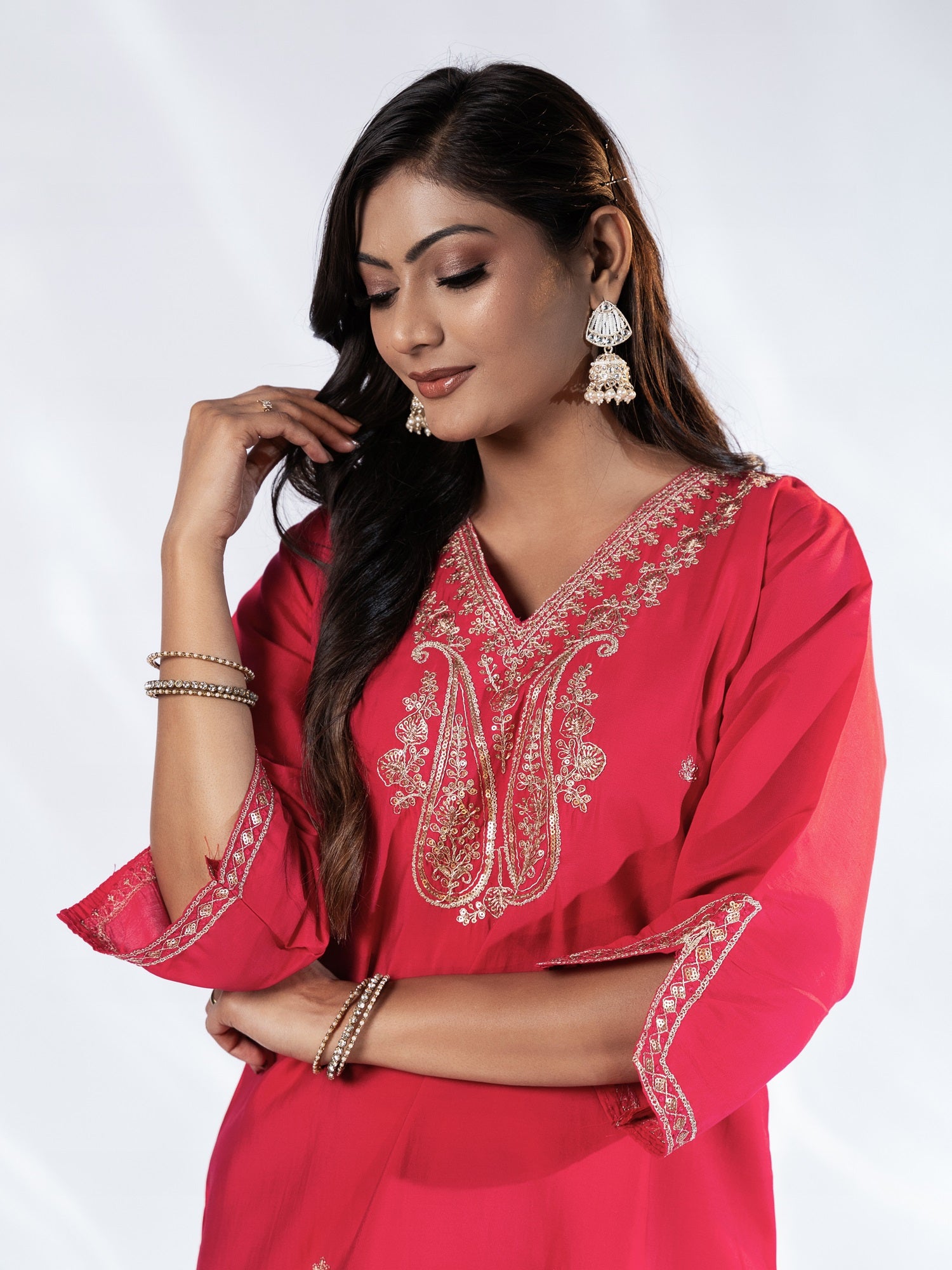 Pink V-neck Embroidered Suit Set
