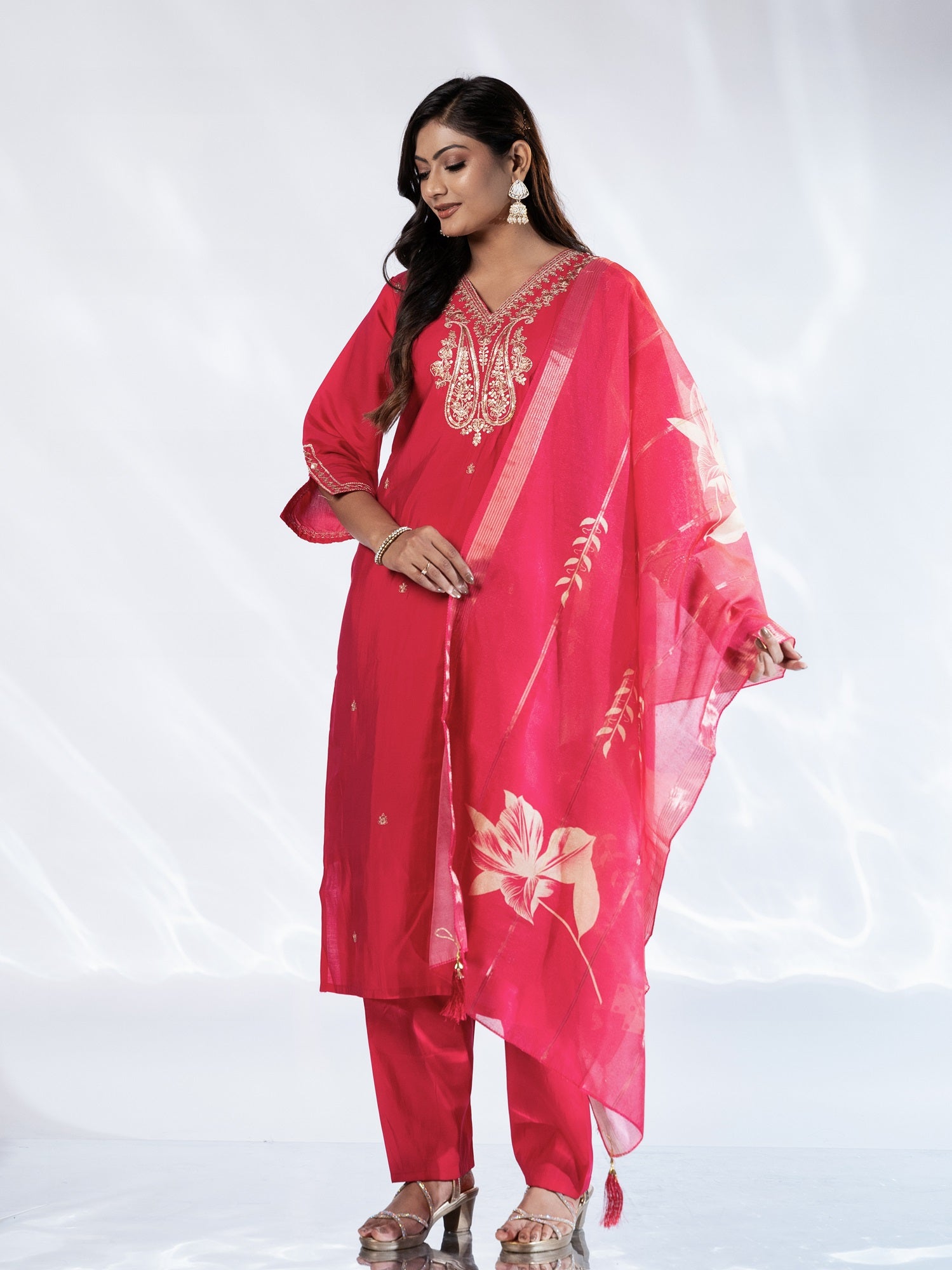 Pink V-neck Embroidered Suit Set