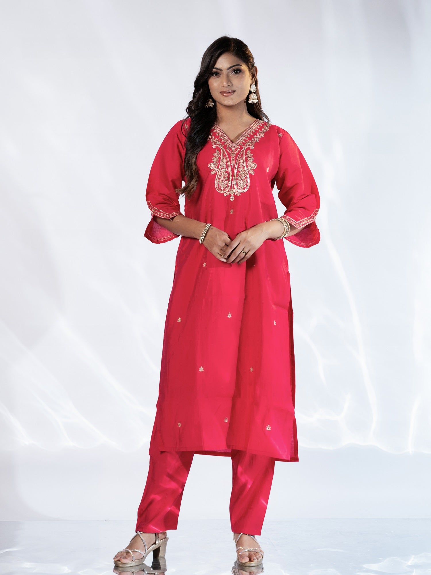 Pink V-neck Embroidered Suit Set