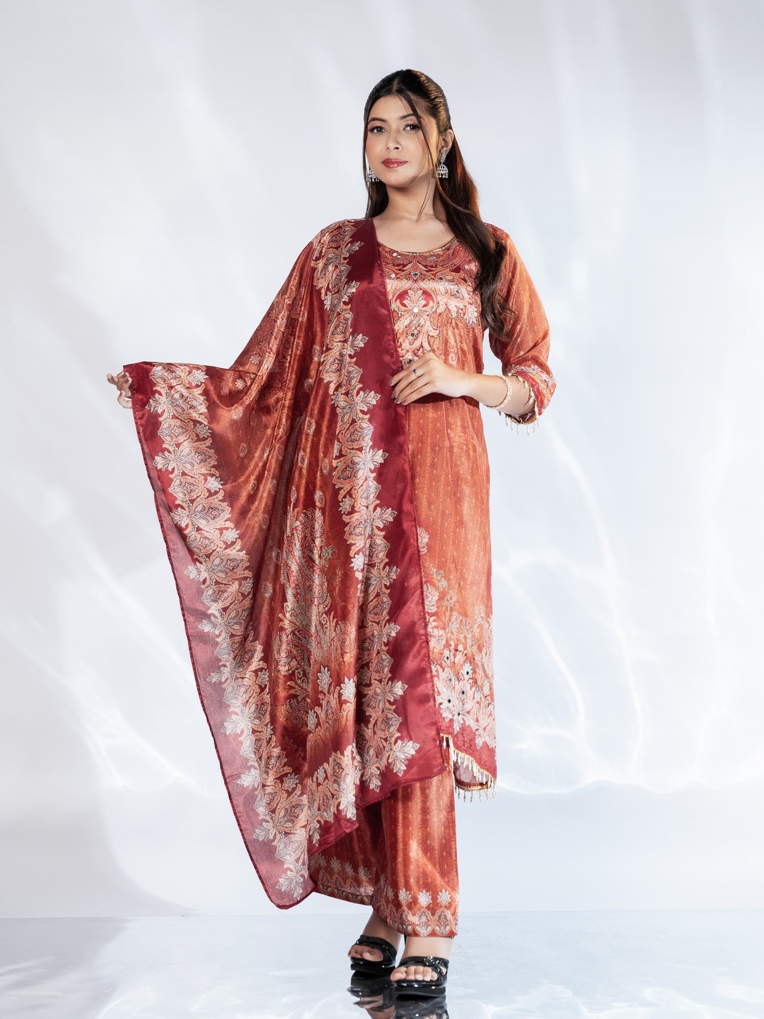 Burnt Orange Karachi Print Suit Set