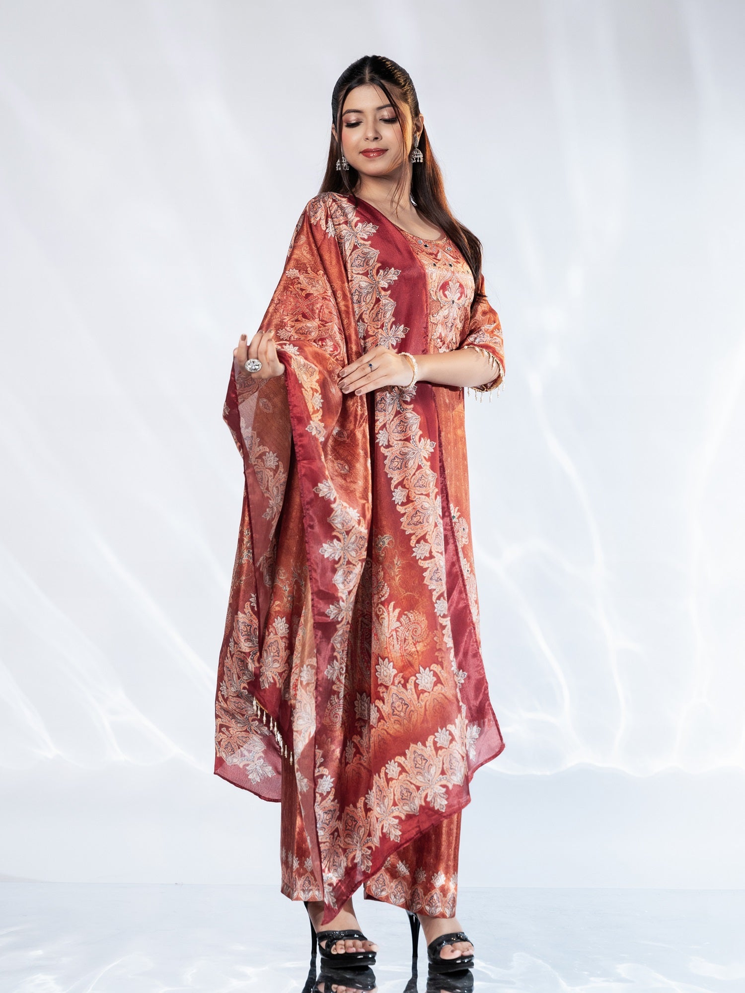 Burnt Orange Karachi Print Suit Set