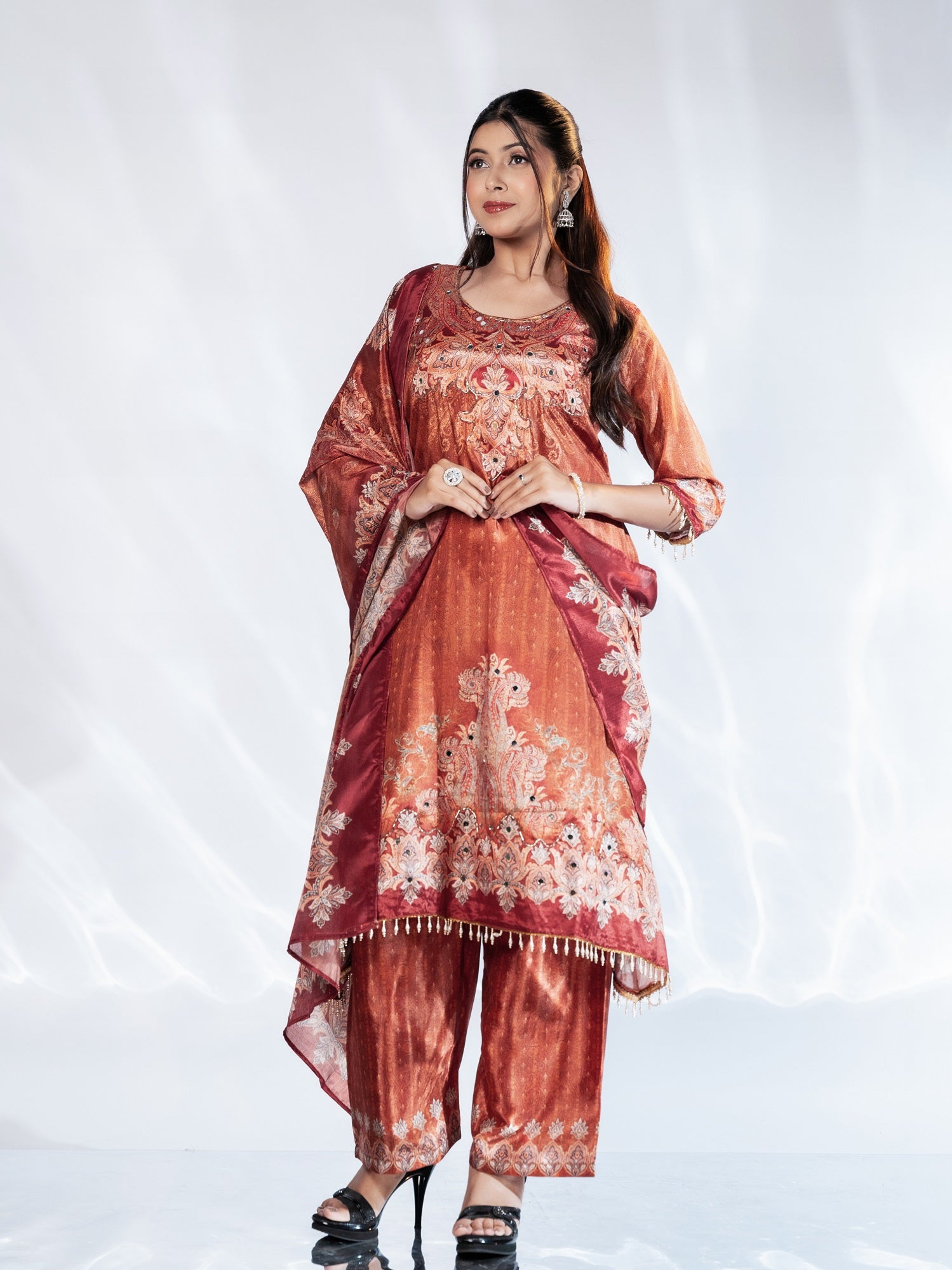 Burnt Orange Karachi Print Suit Set