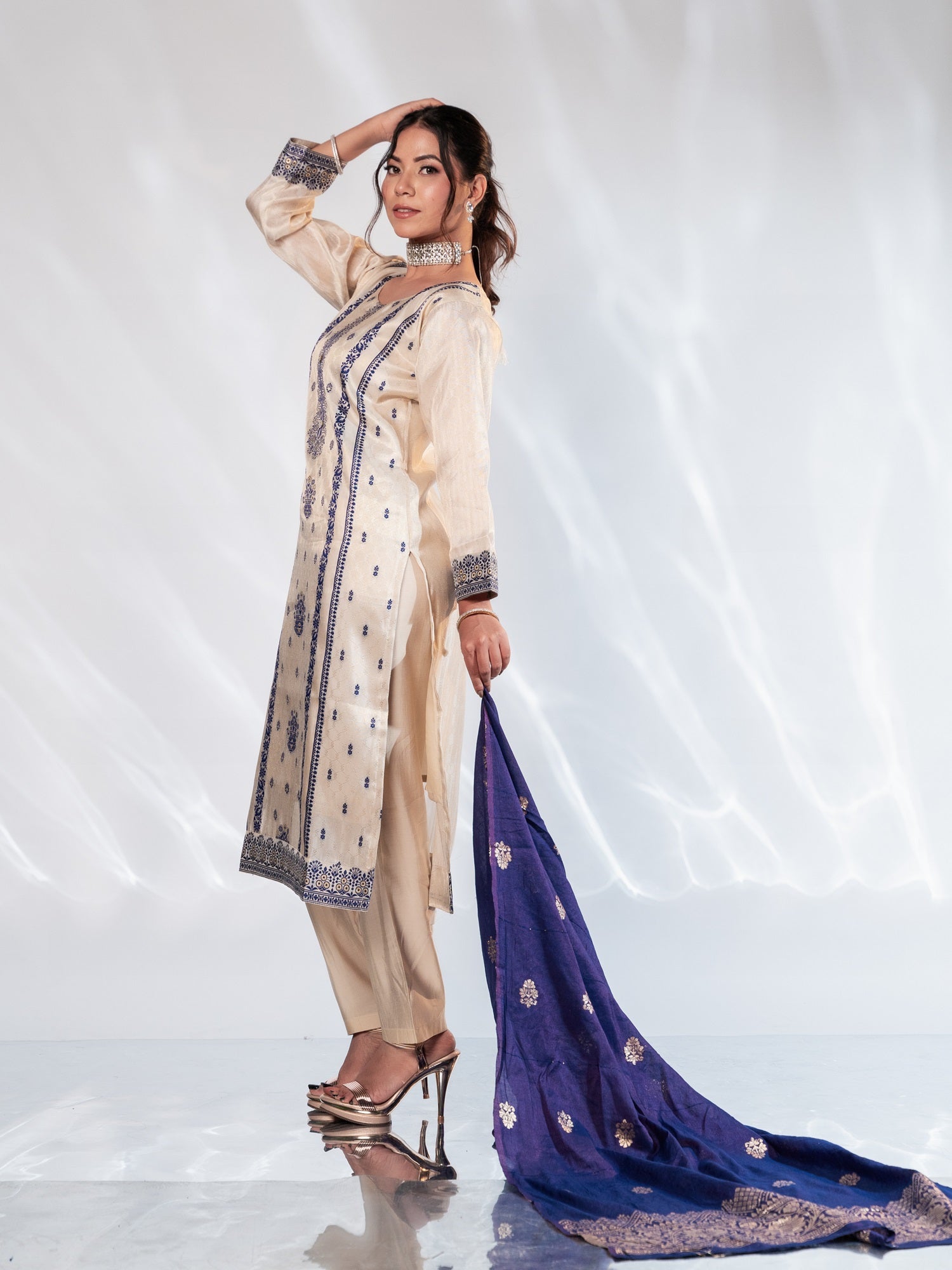 Ivory & Royal Blue Brocade Suit Set