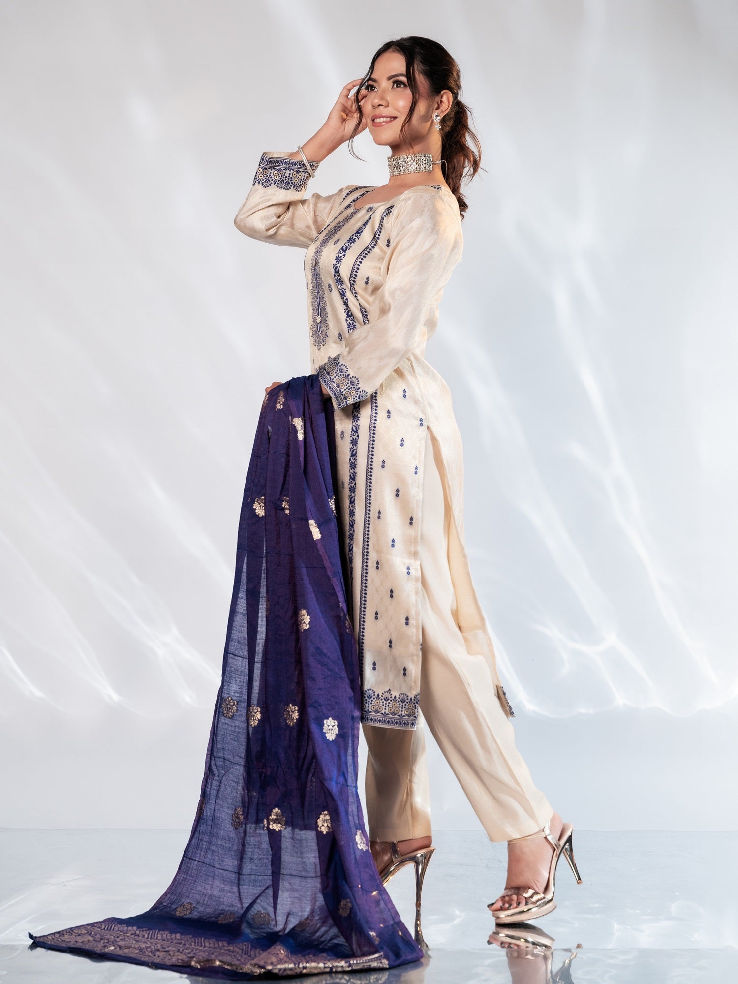 Ivory & Royal Blue Brocade Suit Set