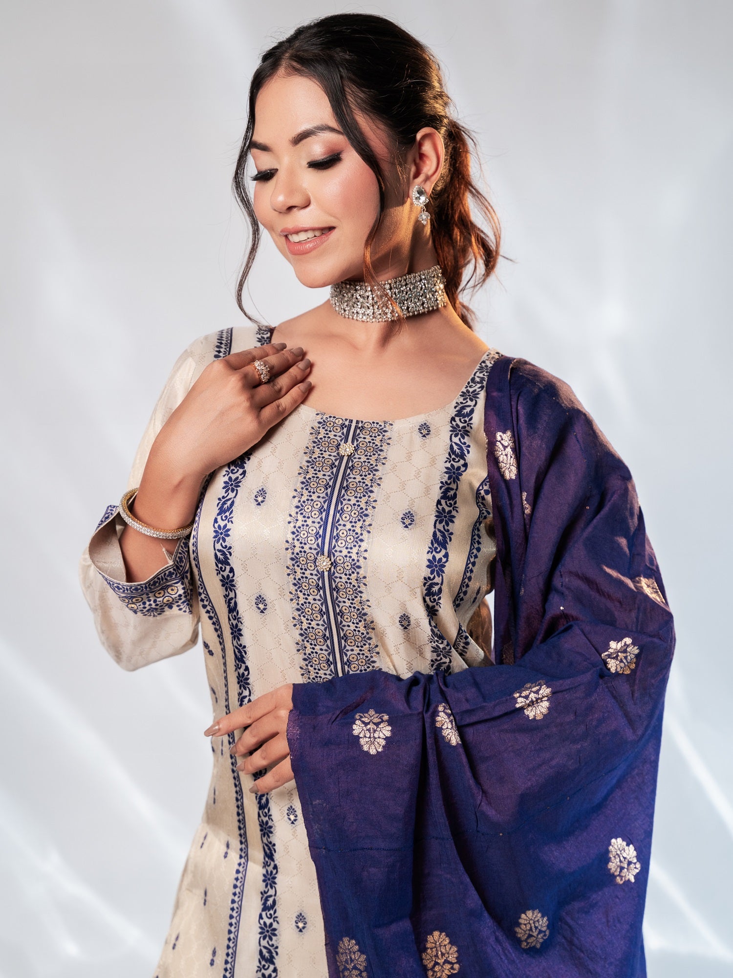 Ivory & Royal Blue Brocade Suit Set