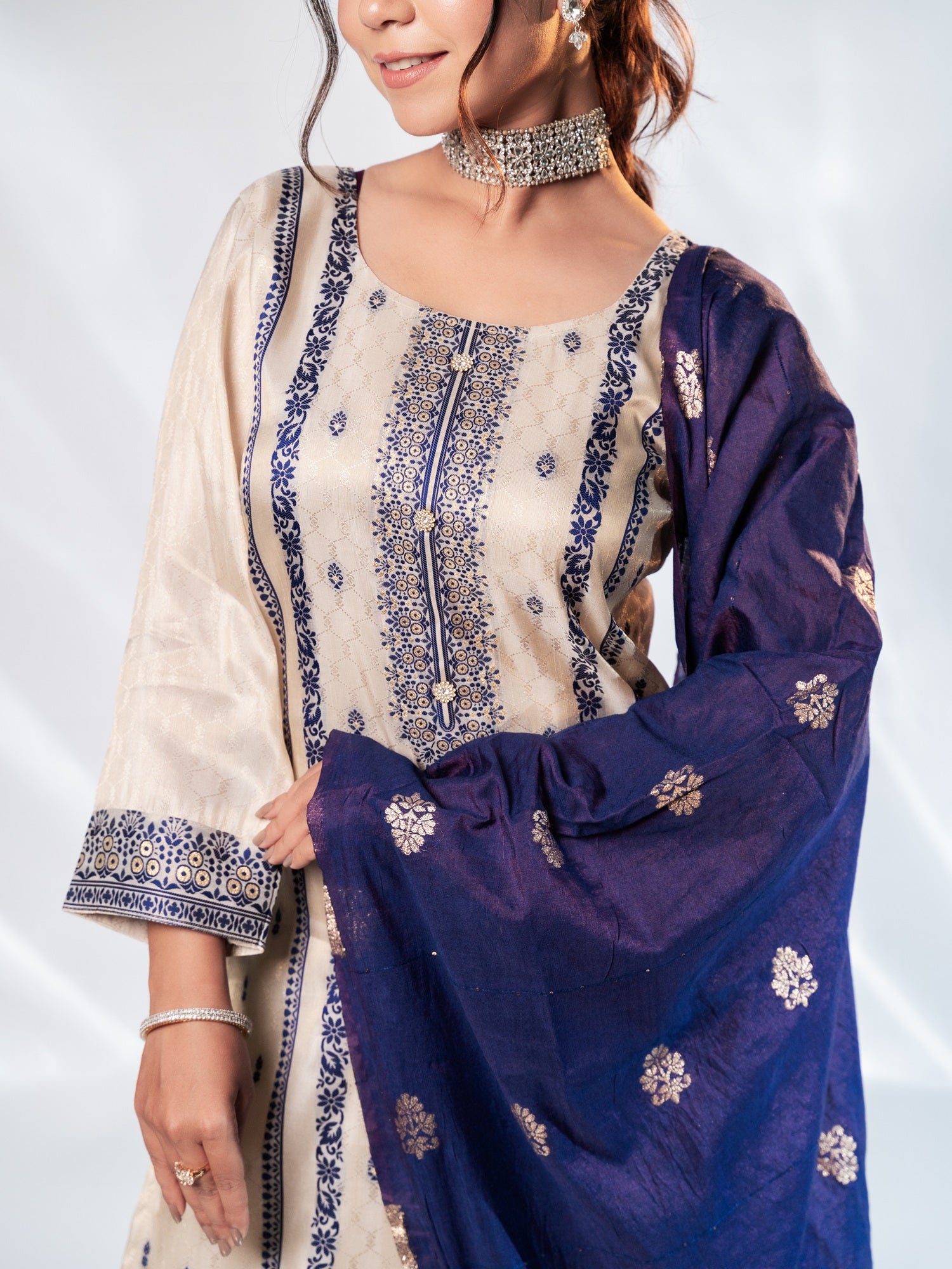 Ivory & Royal Blue Brocade Suit Set