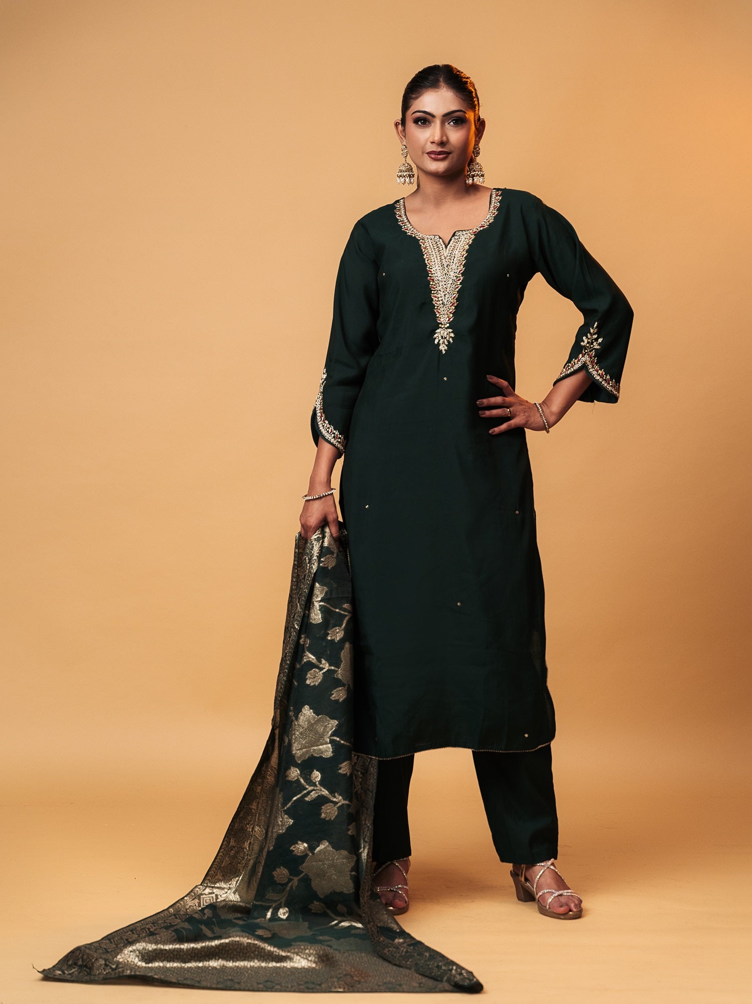 Deep Emerald Aari-Embroidered Suit Set