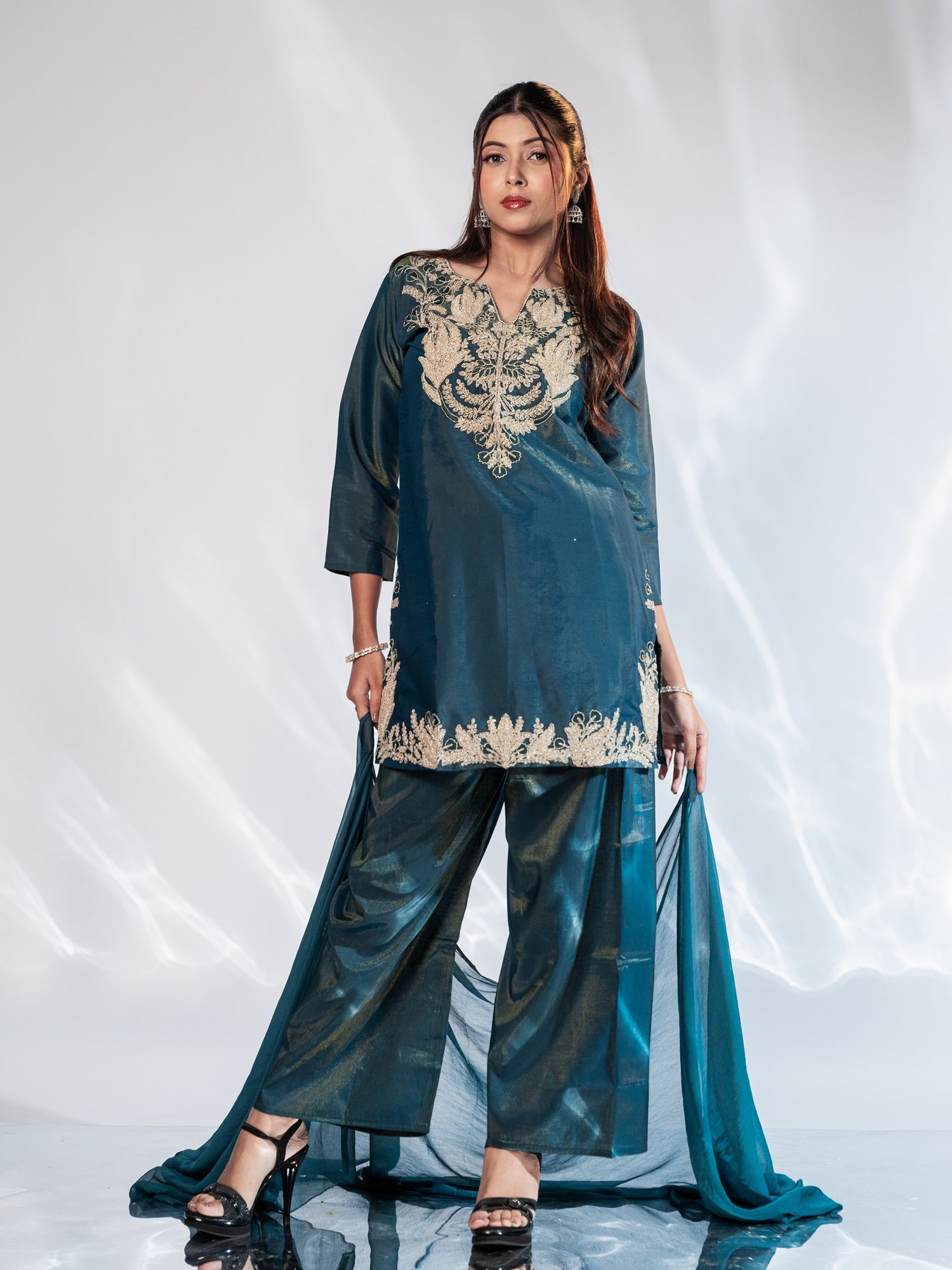 Ash Blue Embroidered Shimmer Silk Suit Set