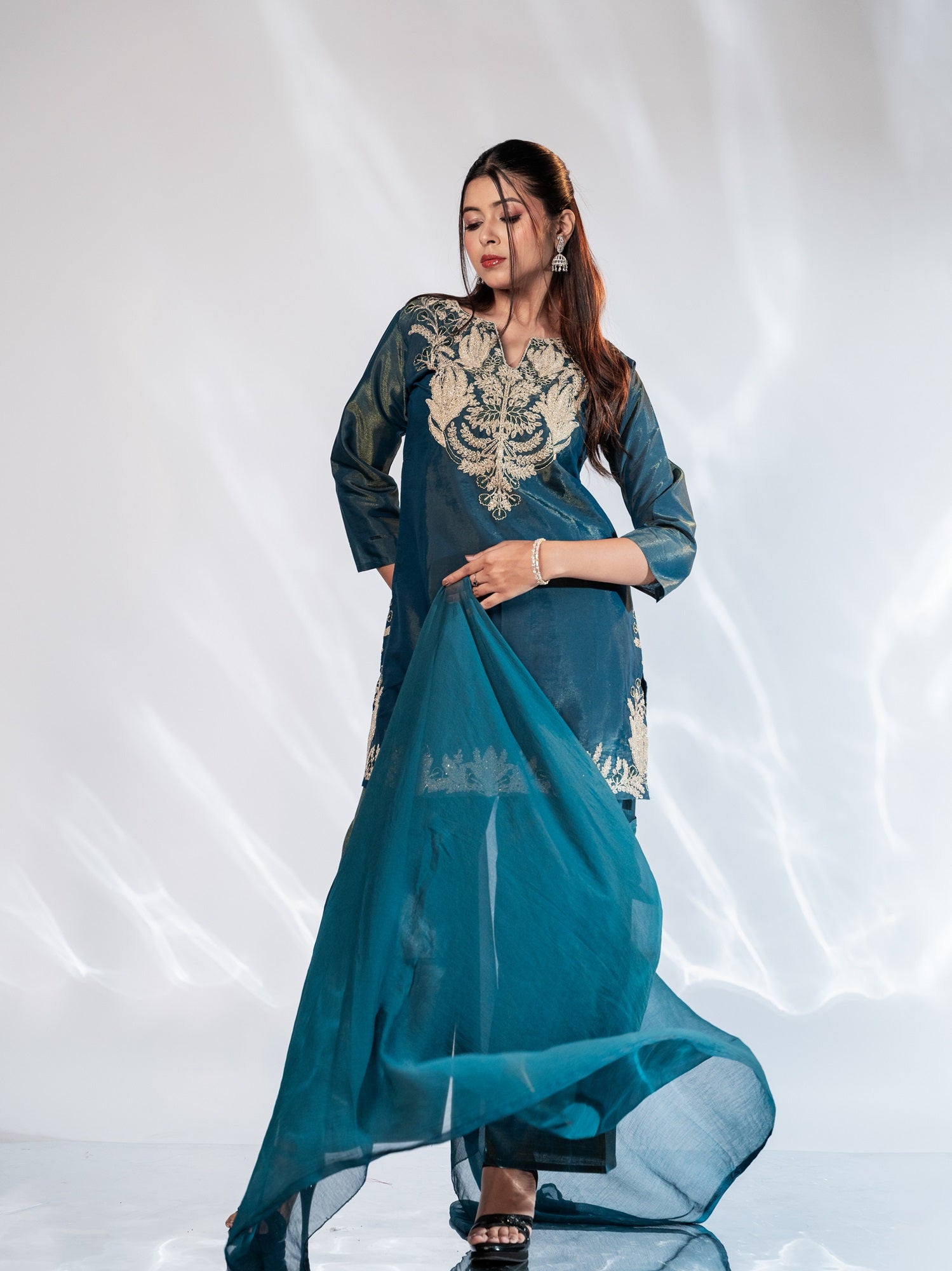 Ash Blue Embroidered Shimmer Silk Suit Set