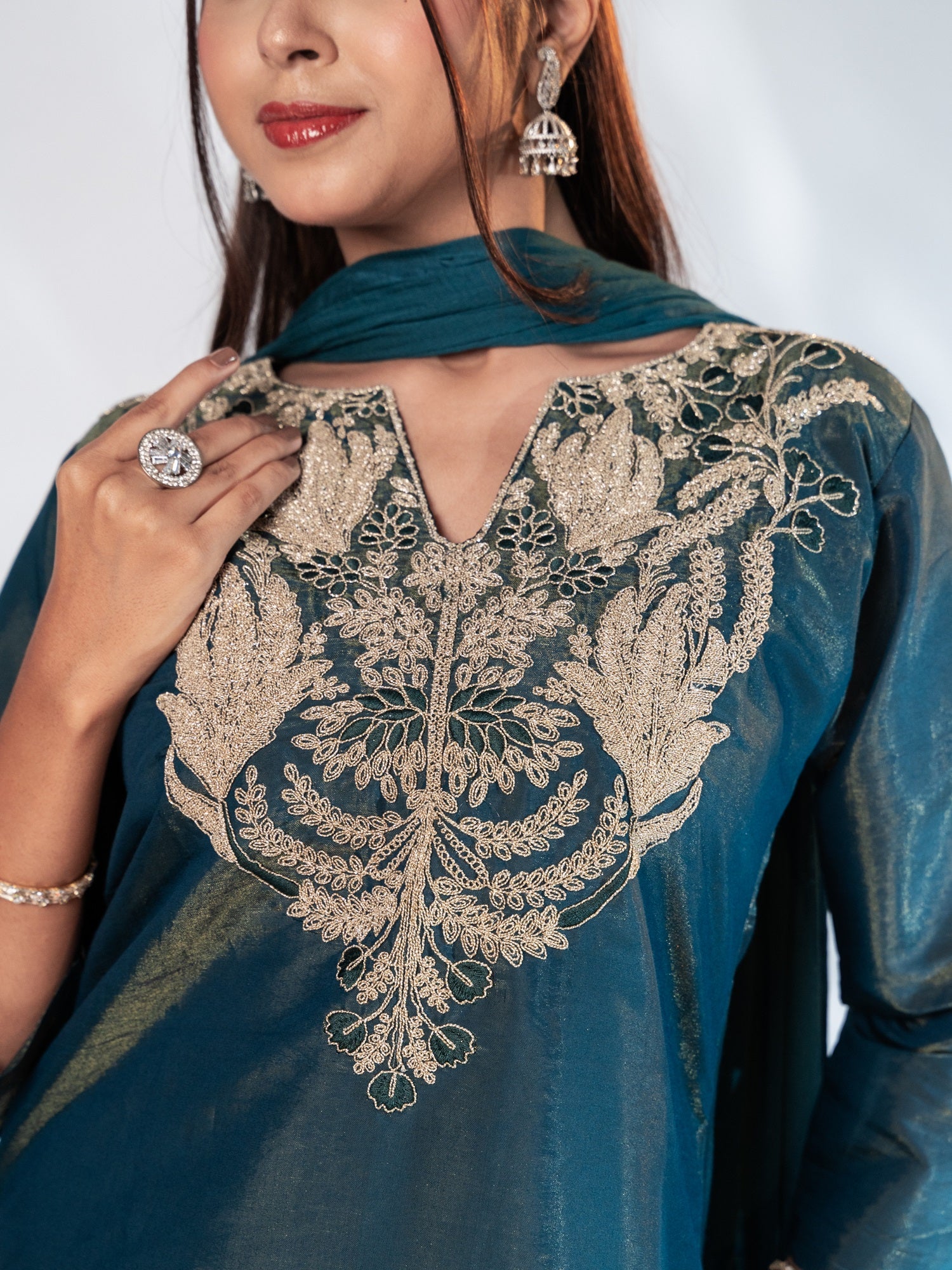 Ash Blue Embroidered Shimmer Silk Suit Set