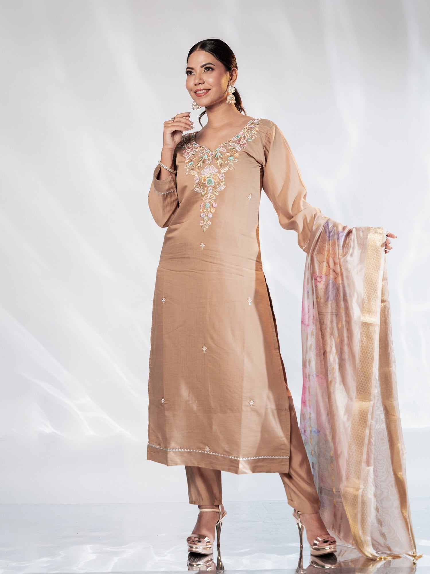 Nude Beige Pastel-Embroidered Suit Set