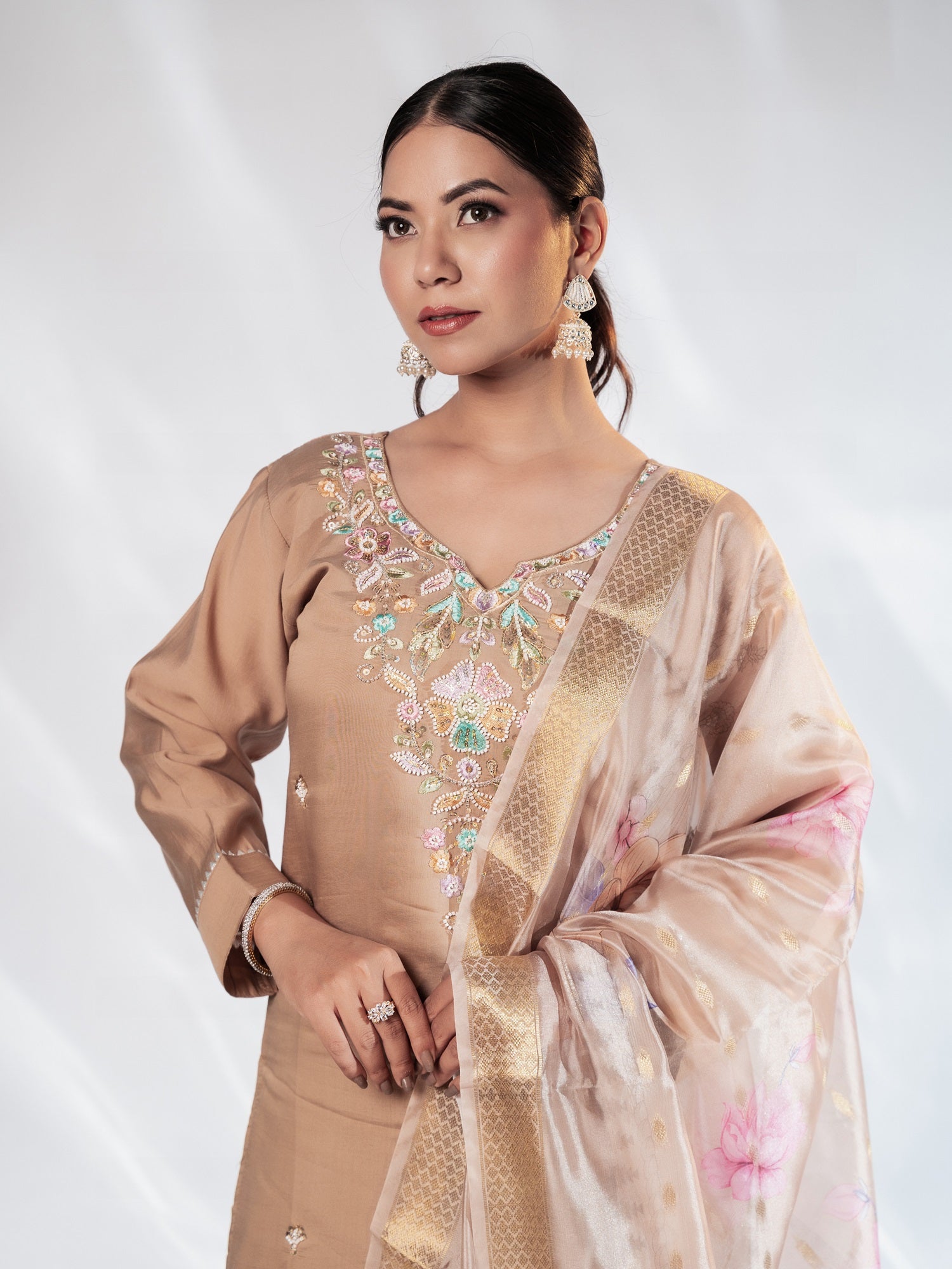 Nude Beige Pastel-Embroidered Suit Set