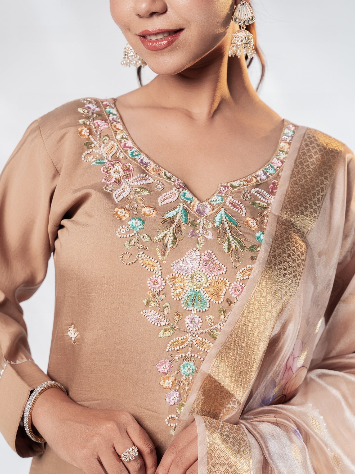 Nude Beige Pastel-Embroidered Suit Set