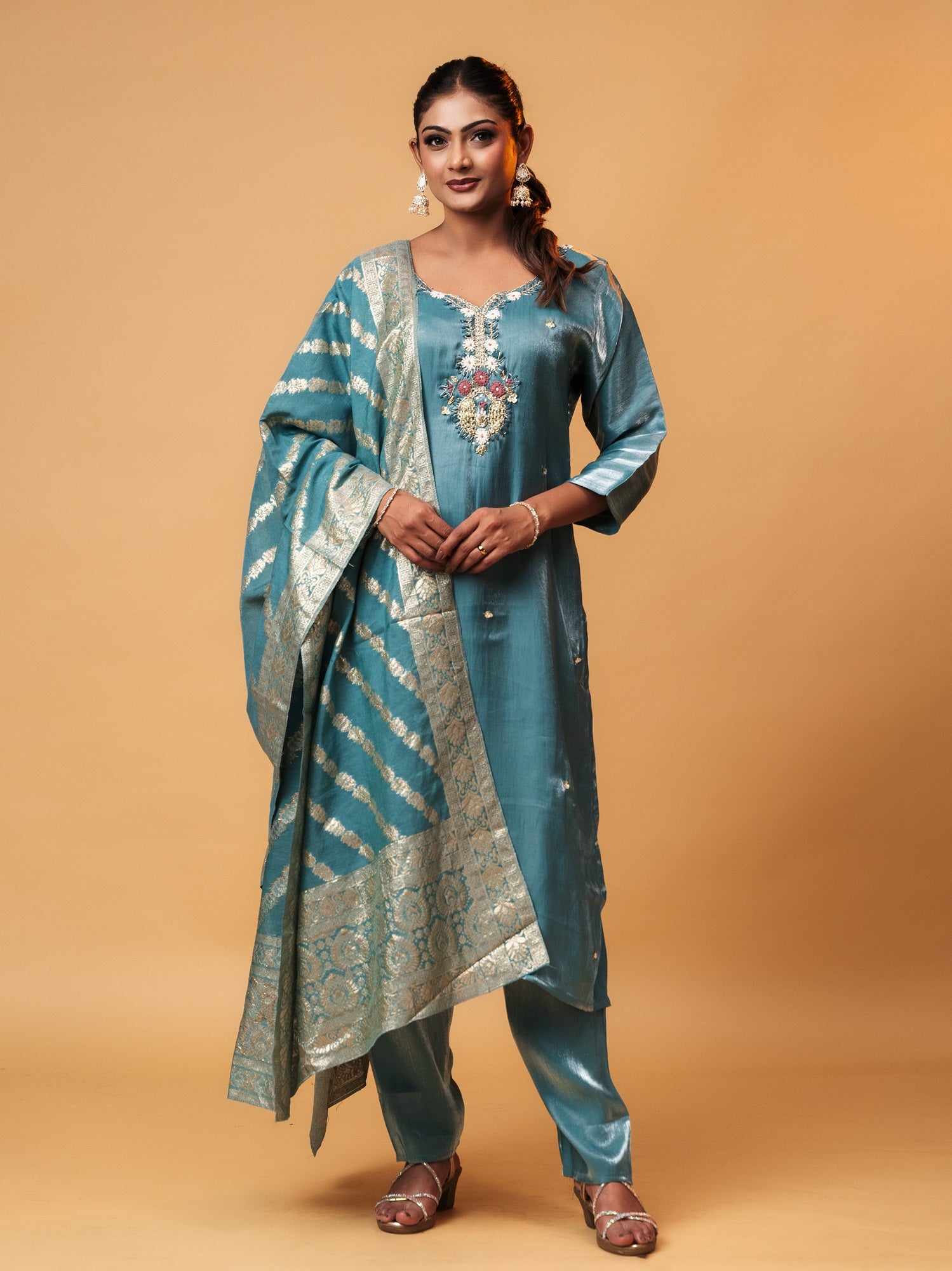 Teal Emroided Glass Tissue Suit Set