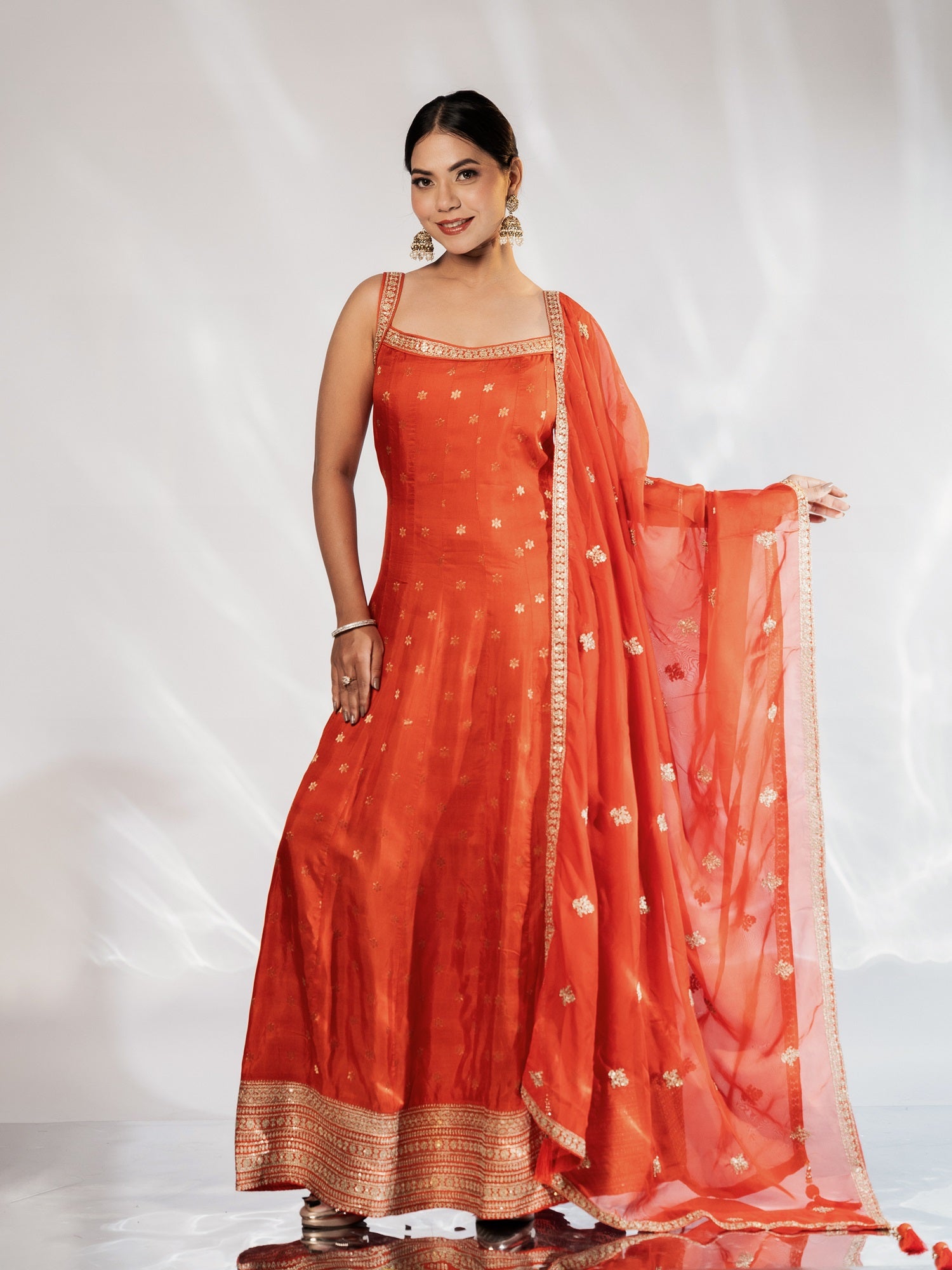 Orange Zari-Border Anarkali Gown With Dupatta
