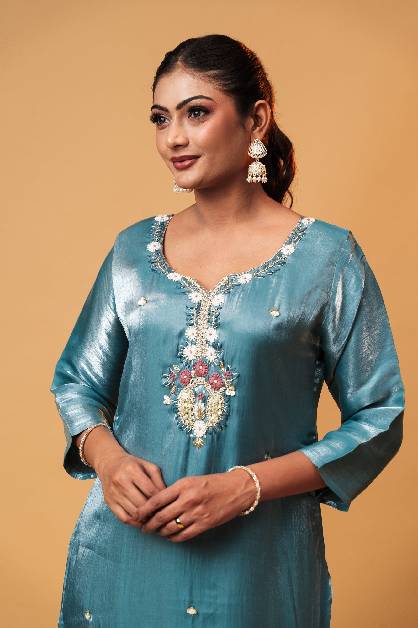 Teal Emroided Glass Tissue Suit Set