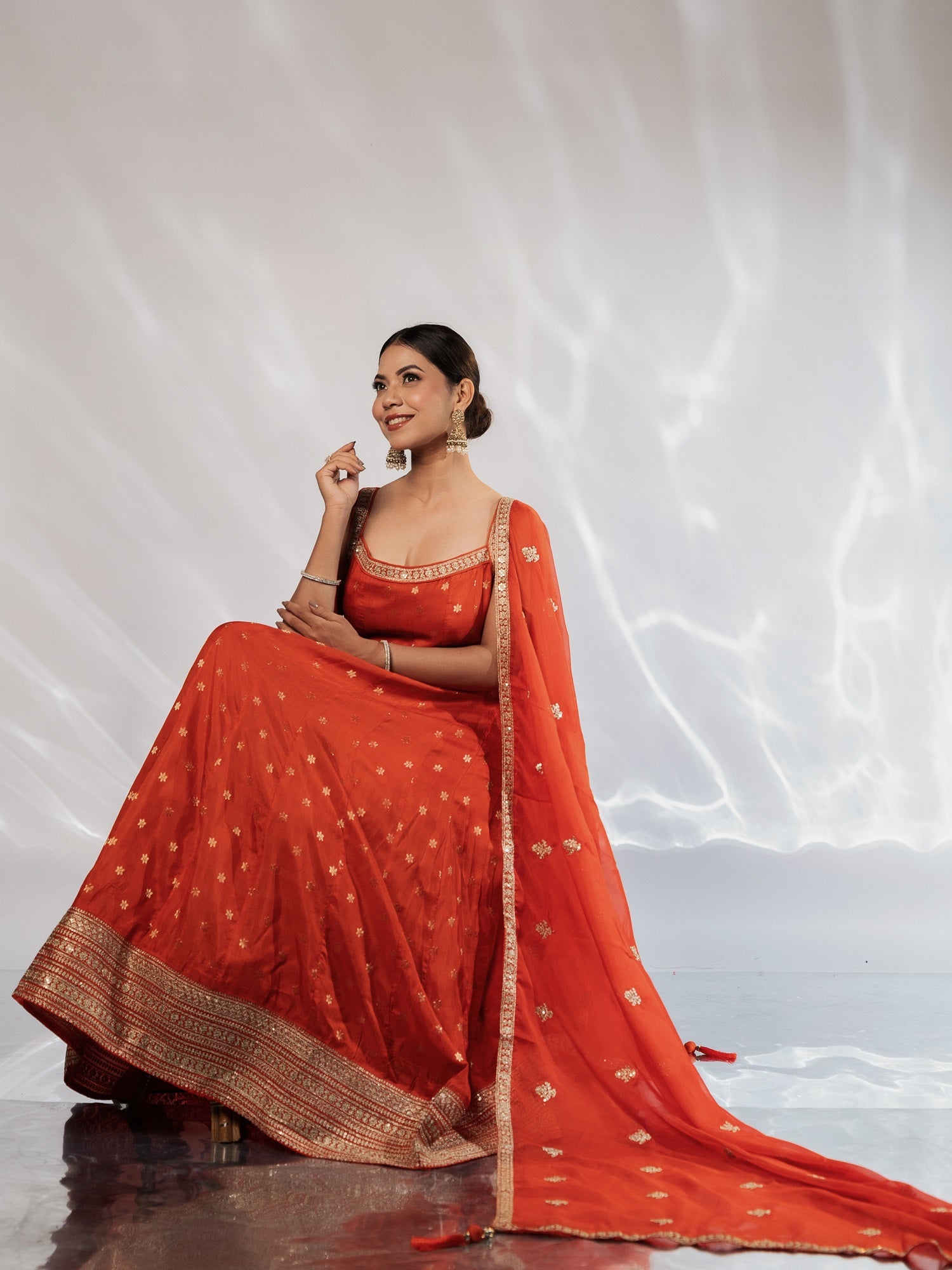 Orange Zari-Border Anarkali Gown With Dupatta