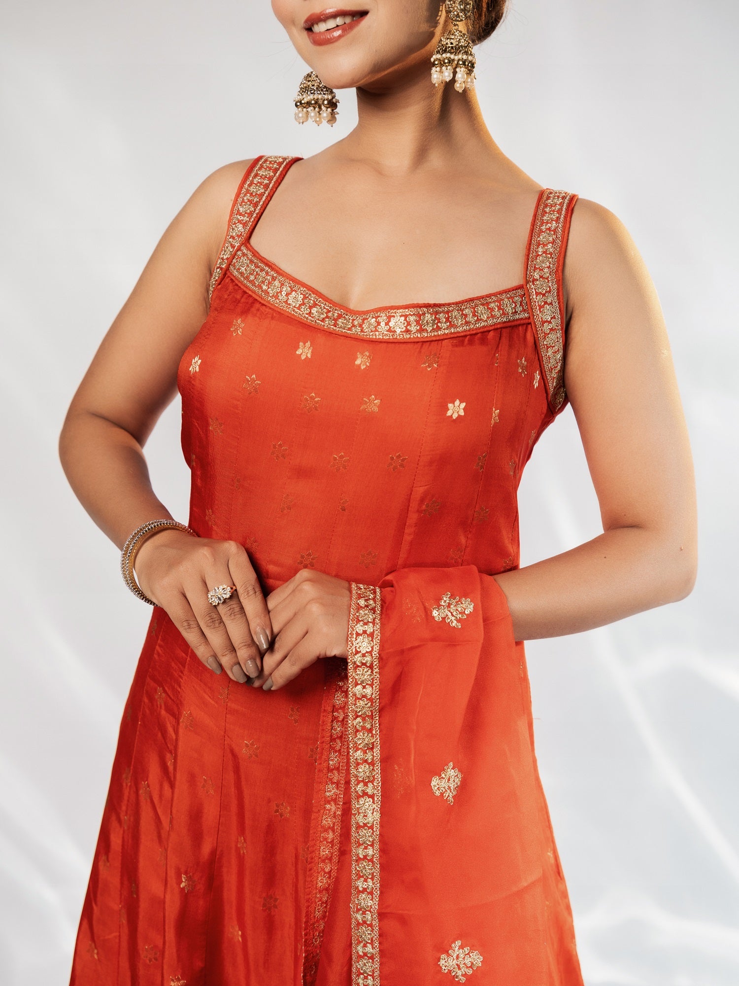 Orange Zari-Border Anarkali Gown With Dupatta