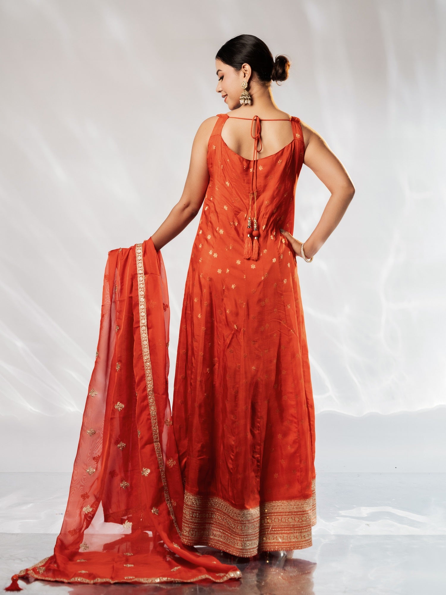Orange Zari-Border Anarkali Gown With Dupatta