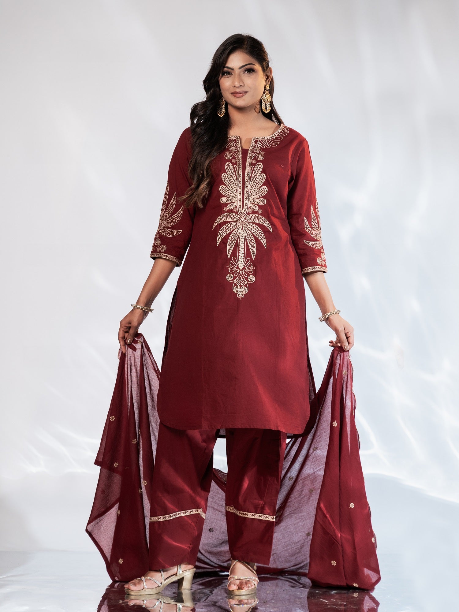 Maroon Embroidered Cotton Suit Set