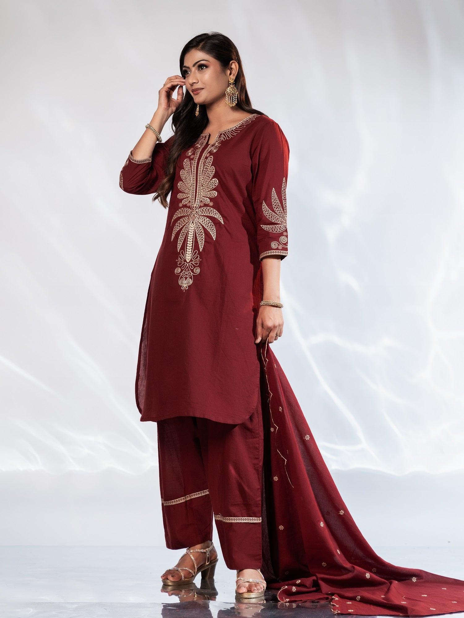 Maroon Embroidered Cotton Suit Set
