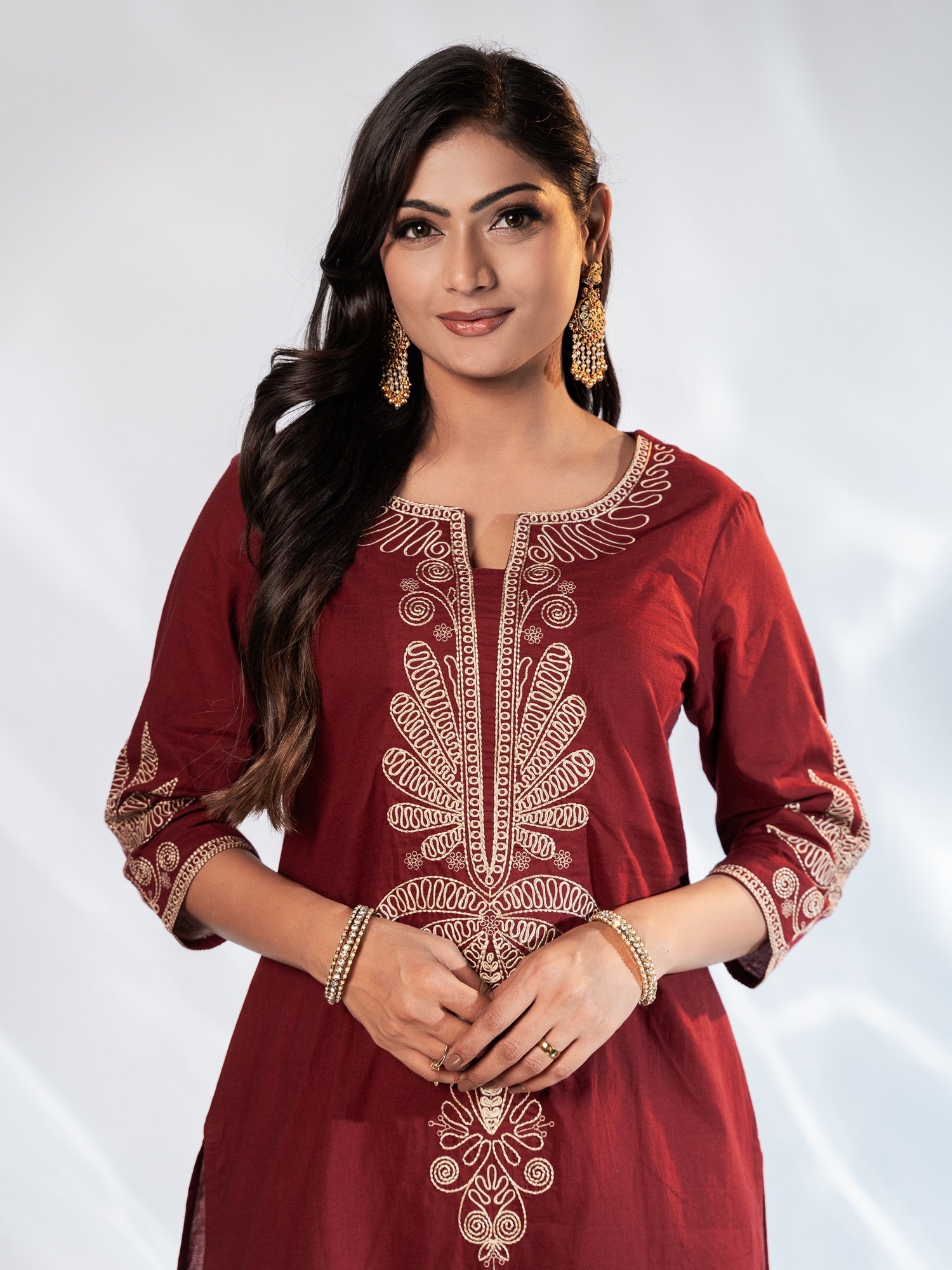 Maroon Embroidered Cotton Suit Set