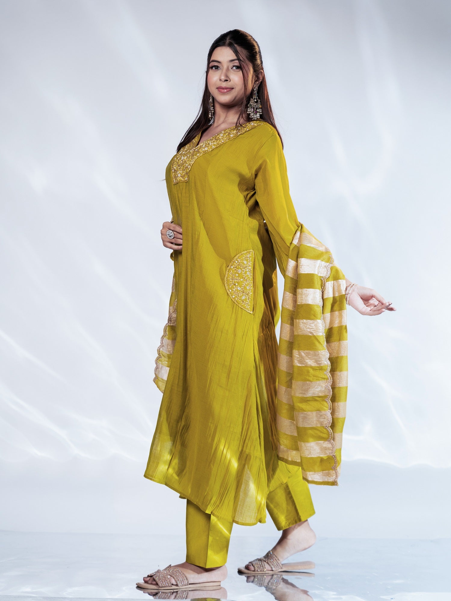 Olive Zari-Striped U-cut Dupatta Suit Set
