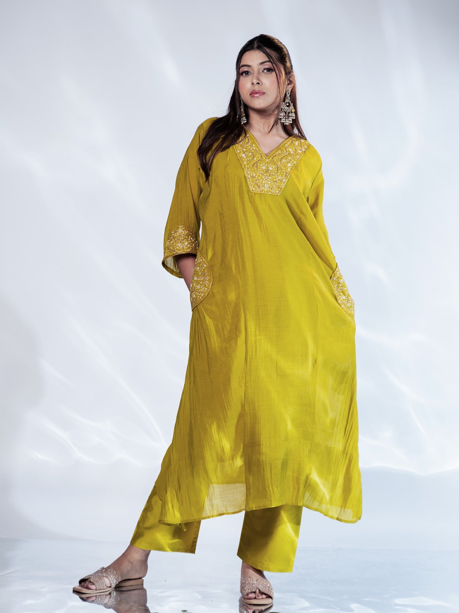 Olive Zari-Striped U-cut Dupatta Suit Set