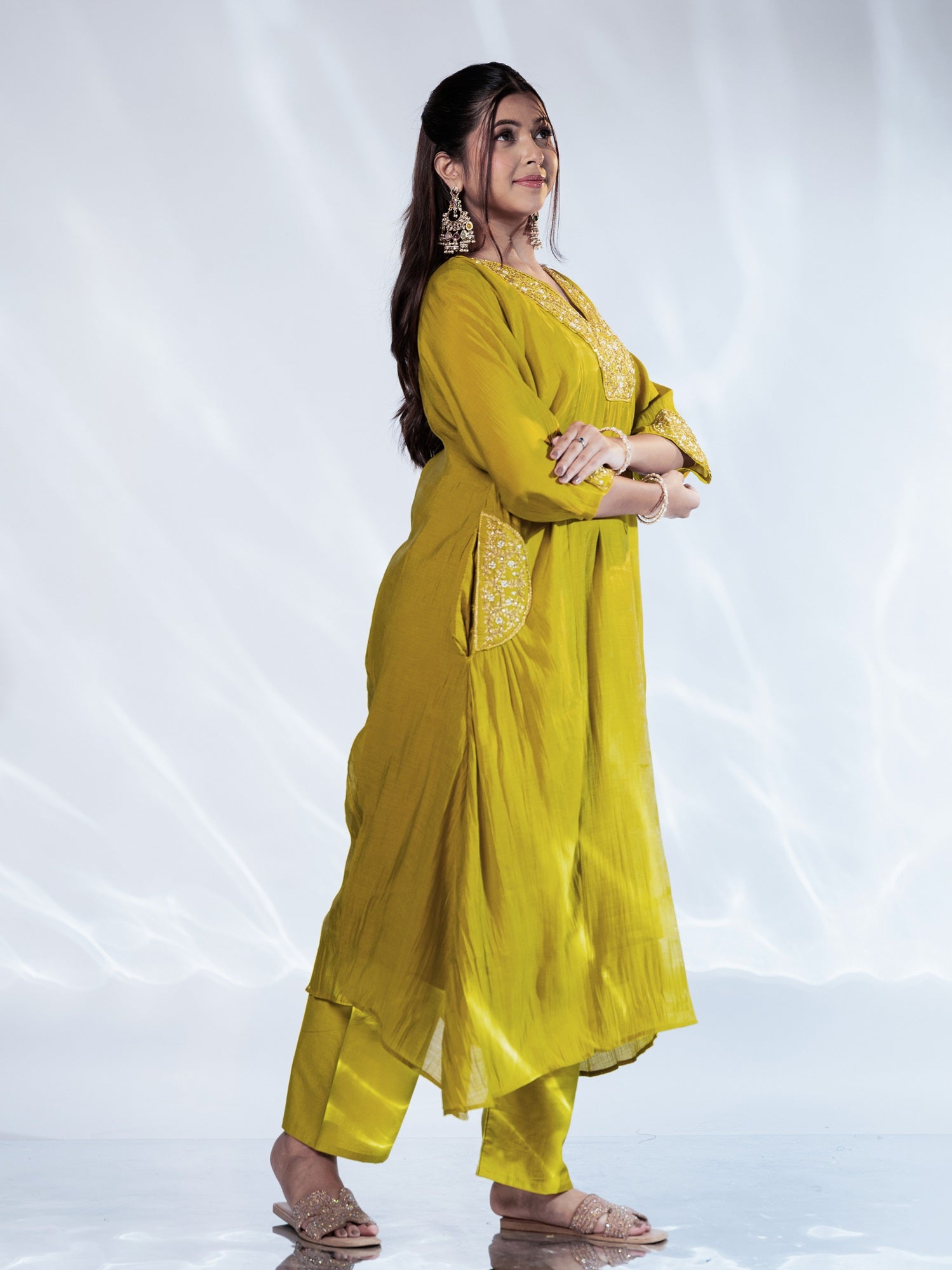 Olive Zari-Striped U-cut Dupatta Suit Set