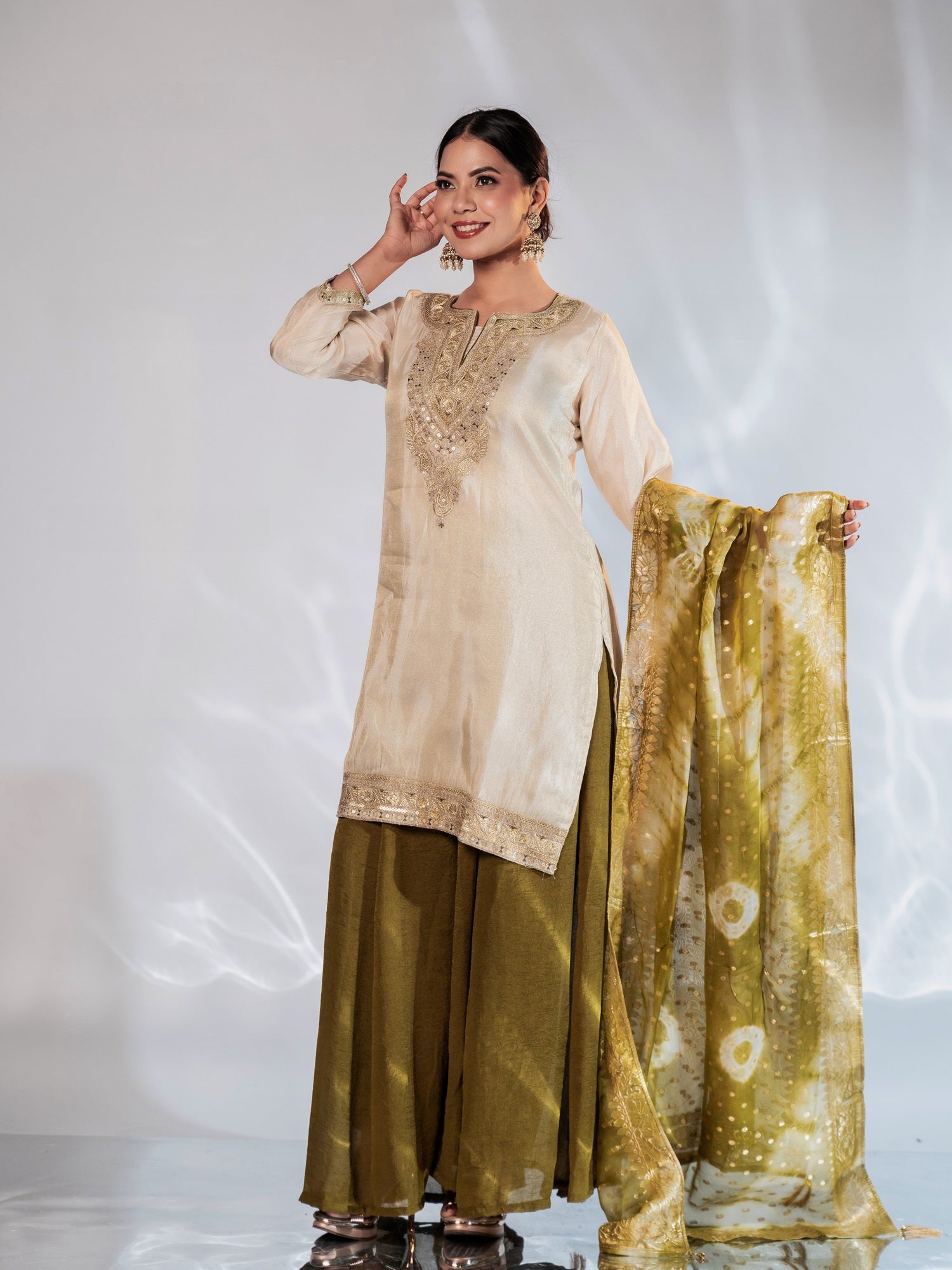 Beige Olive Gold Zari-Embroidered Silk Suit Set