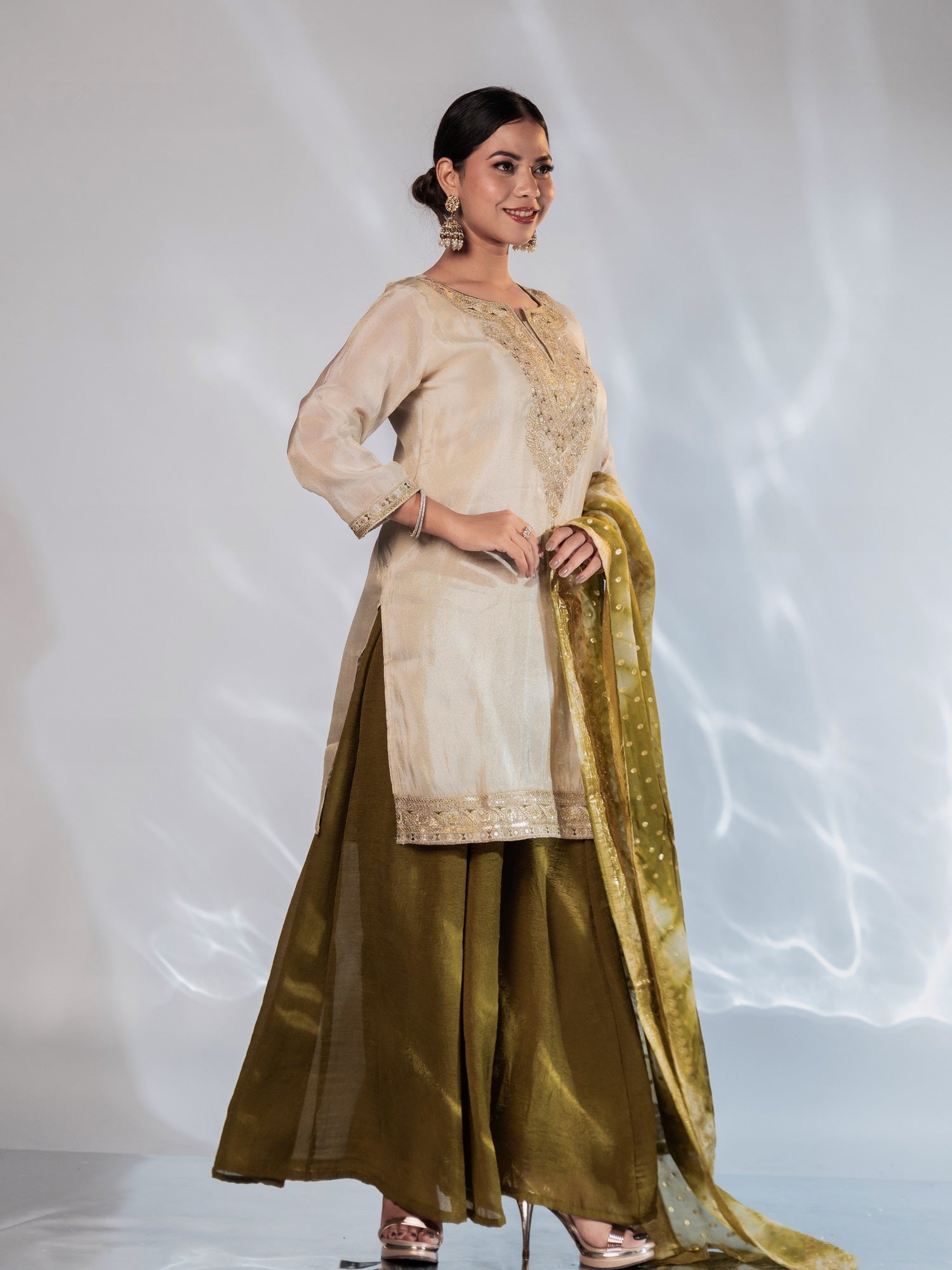 Beige Olive Gold Zari-Embroidered Silk Suit Set