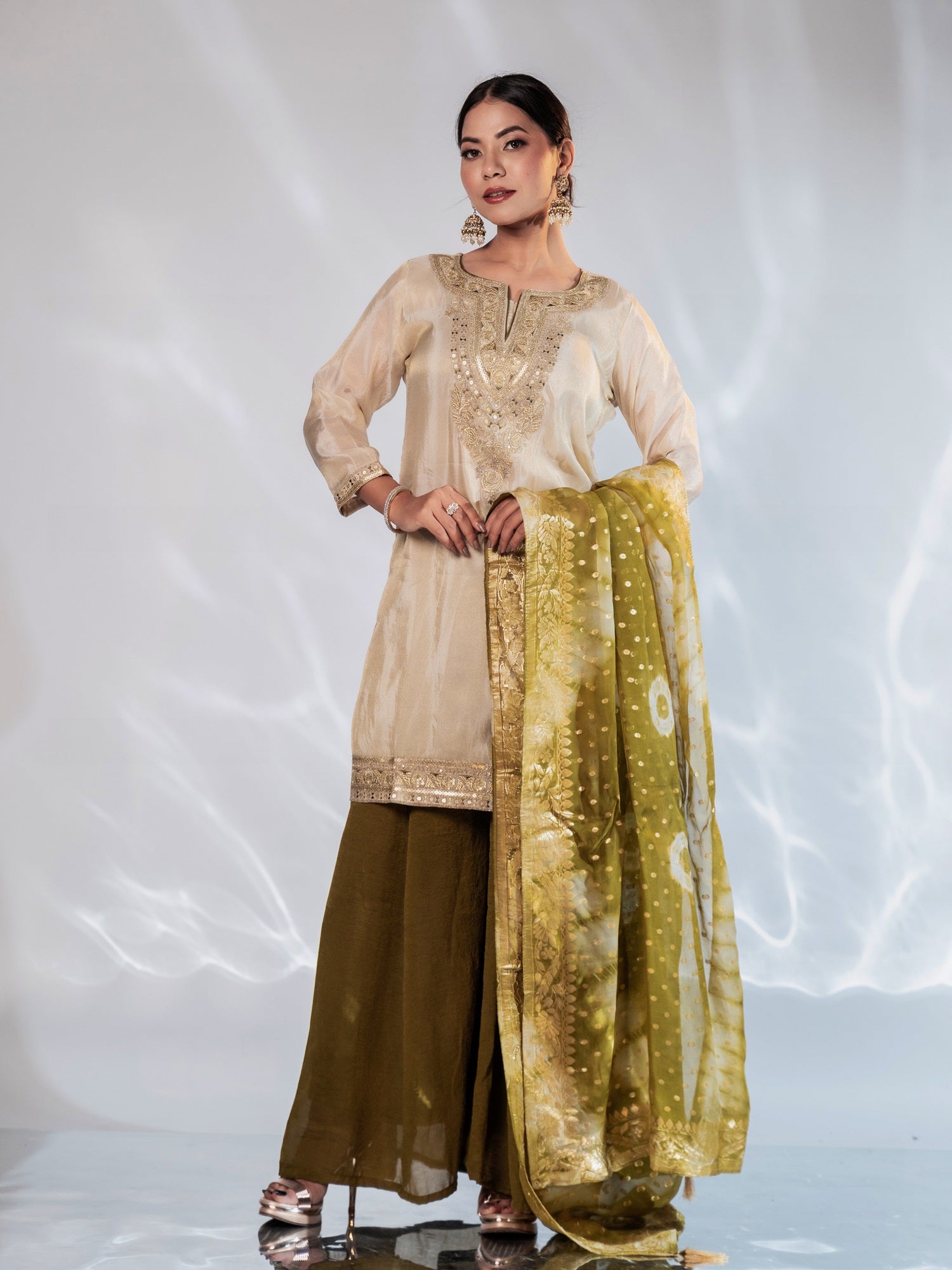 Beige Olive Gold Zari-Embroidered Silk Suit Set