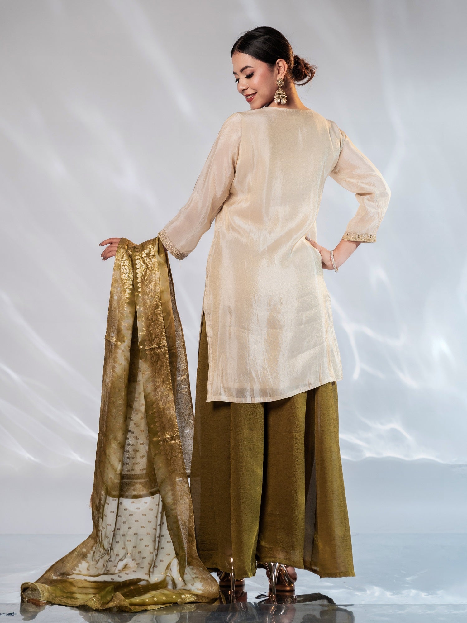 Beige Olive Gold Zari-Embroidered Silk Suit Set