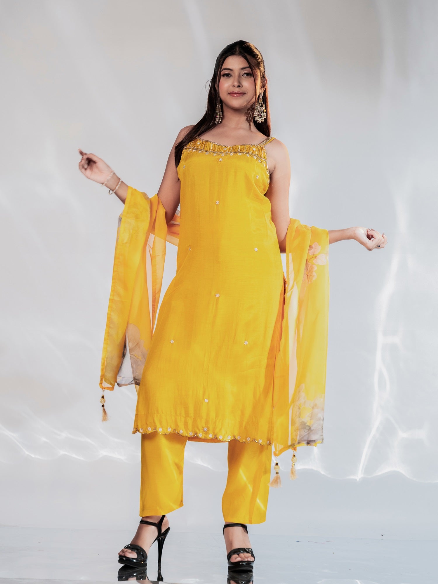 Sunshine Yellow Handwork Spaghetti-Strap Suit Set
