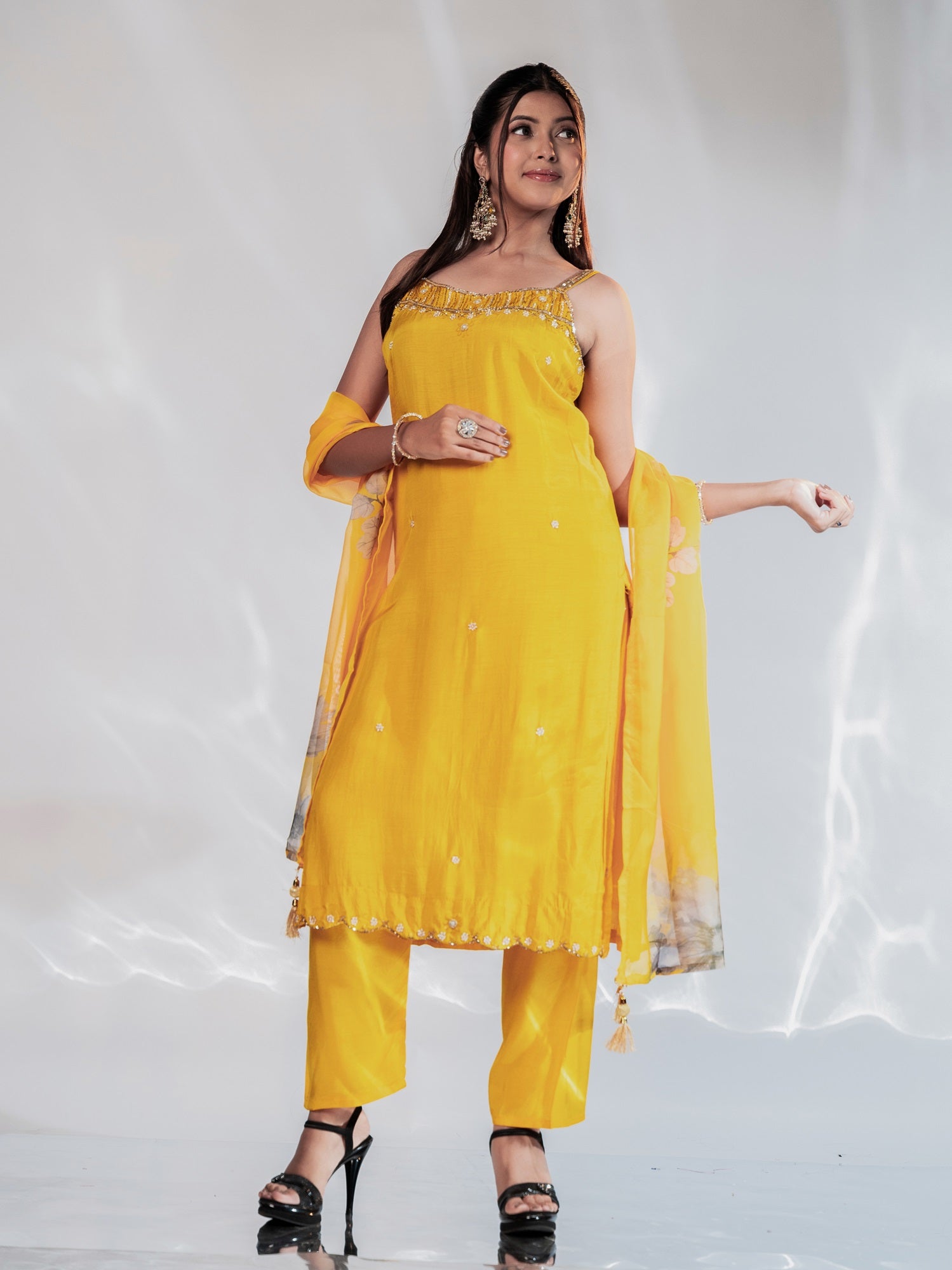 Sunshine Yellow Handwork Spaghetti-Strap Suit Set