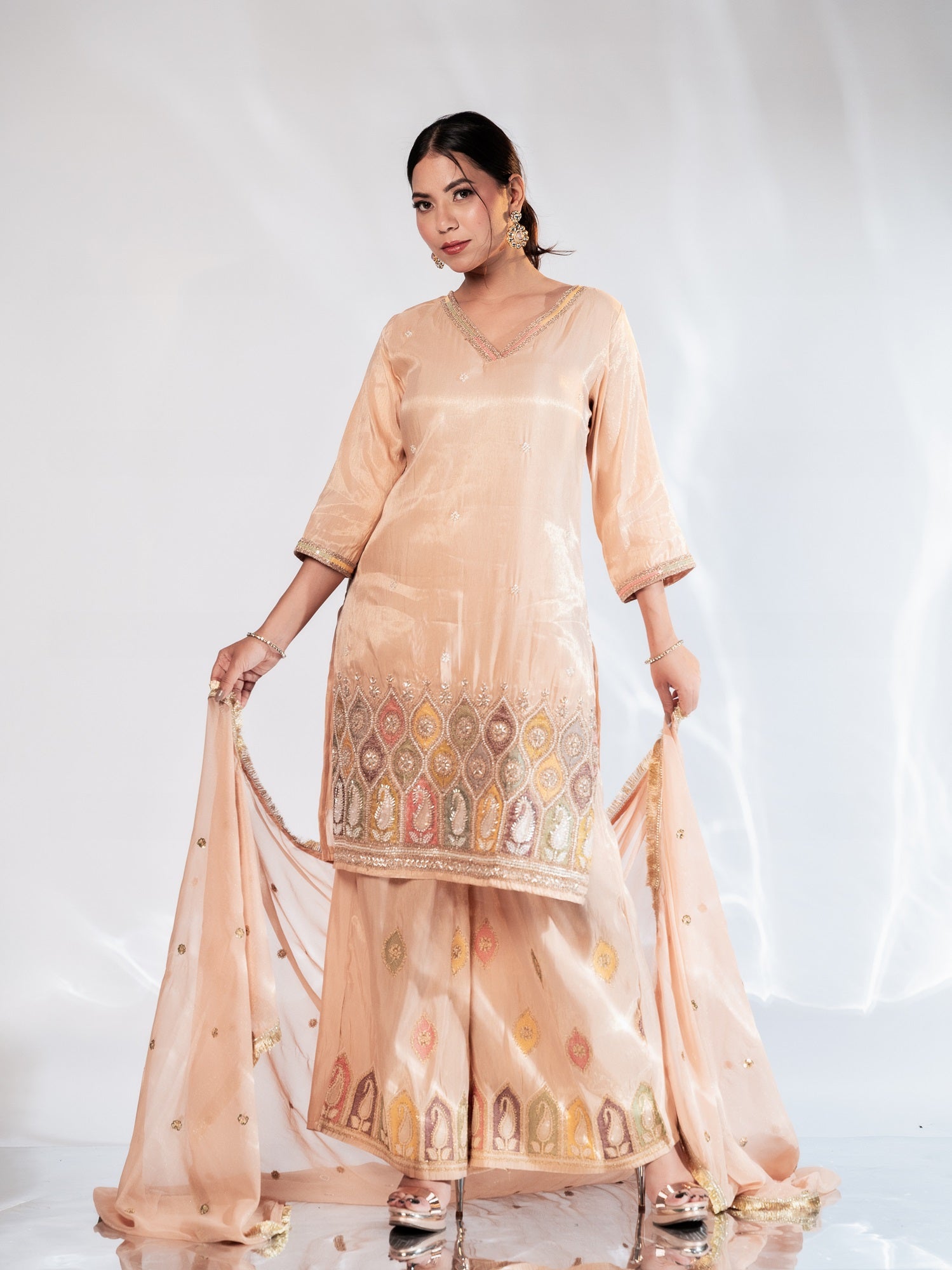 Blush Peach Handwork Muslin Silk Suit Set