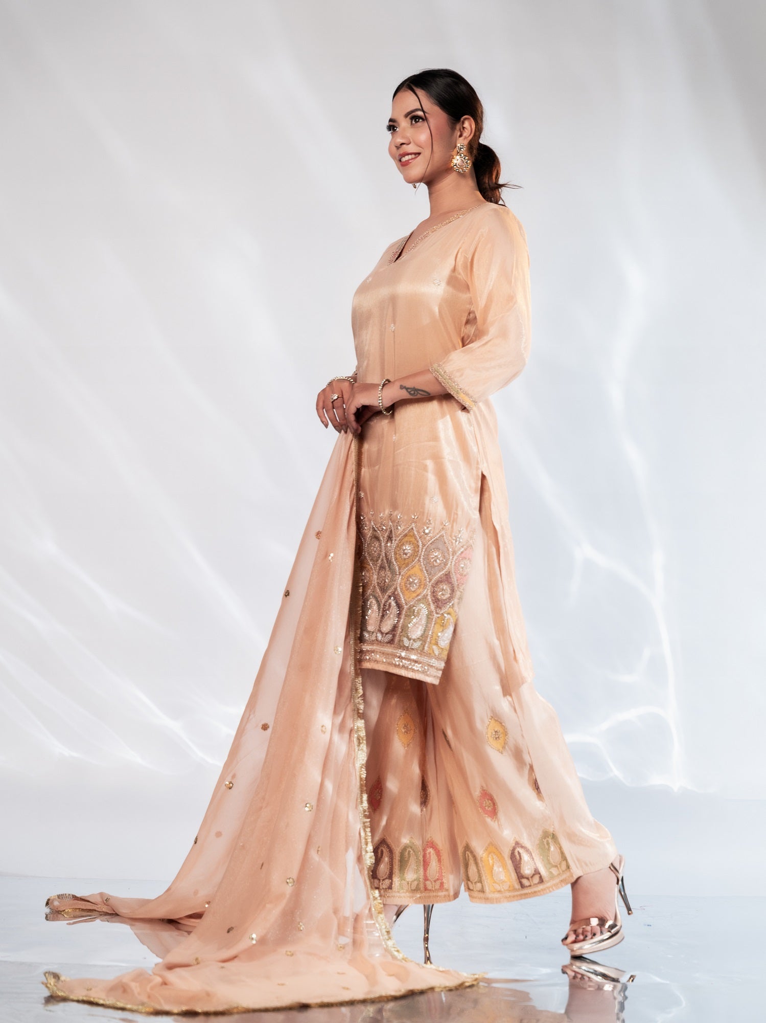 Blush Peach Handwork Muslin Silk Suit Set