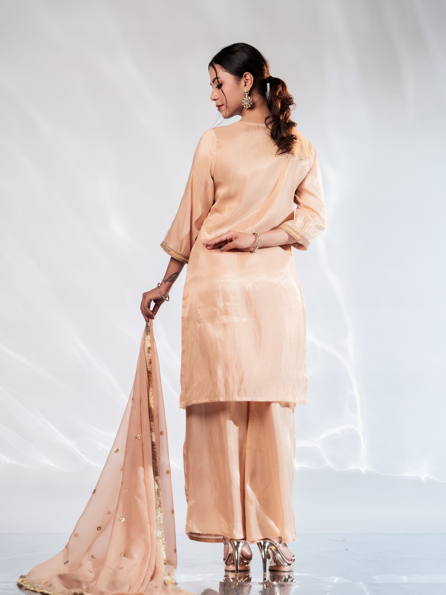 Blush Peach Handwork Muslin Silk Suit Set