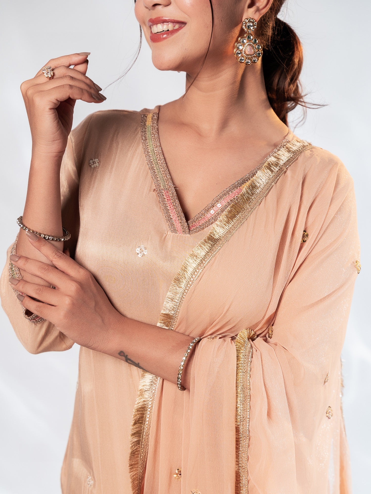 Blush Peach Handwork Muslin Silk Suit Set