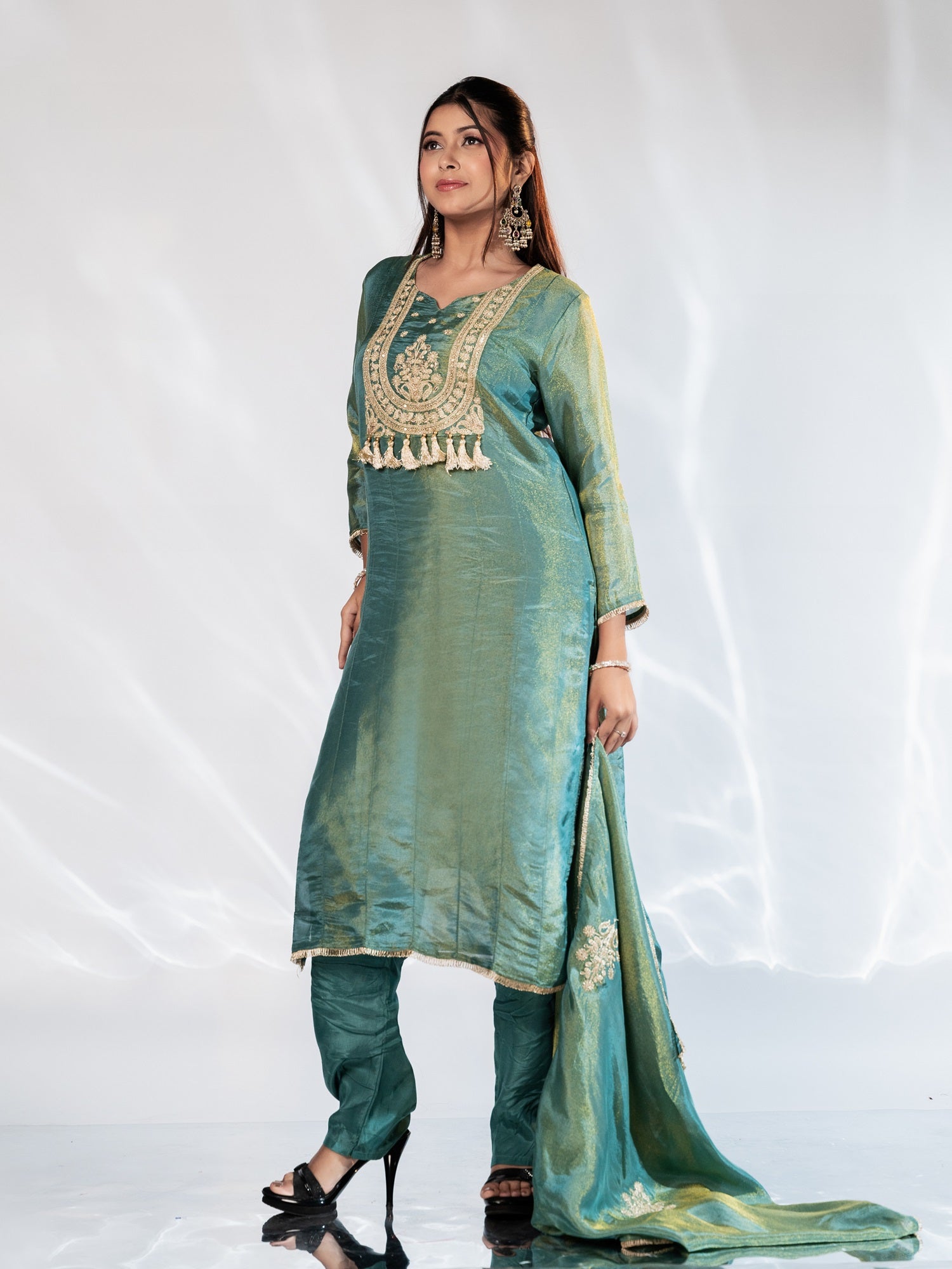 Rich Teal Shimmer Zari-Embroidered Suit Set