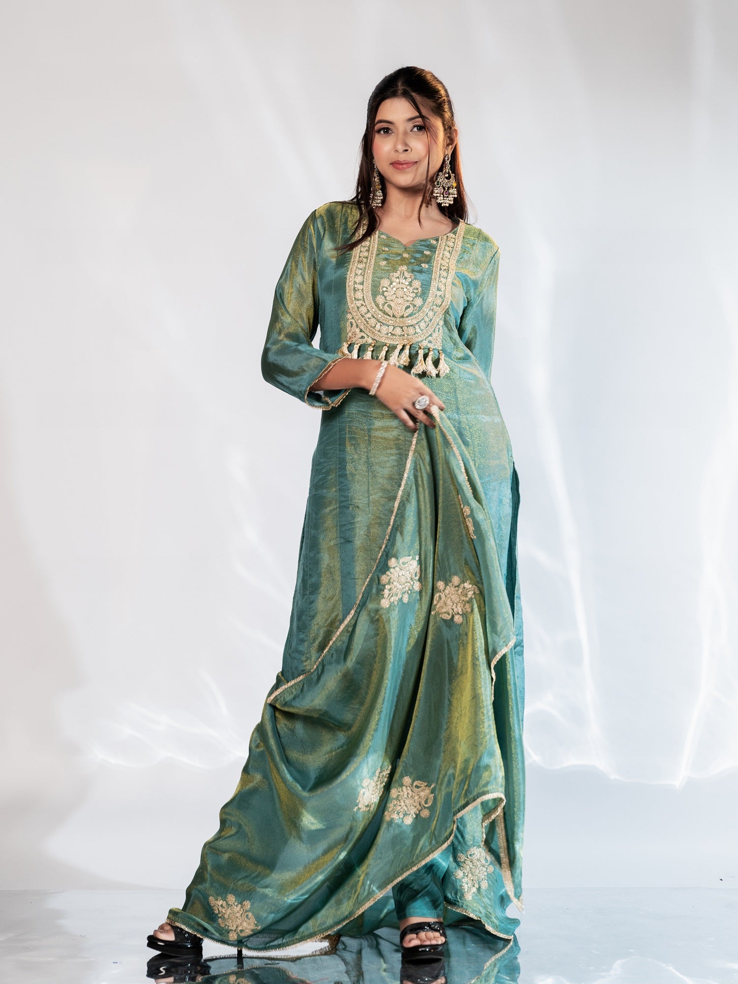 Rich Teal Shimmer Zari-Embroidered Suit Set