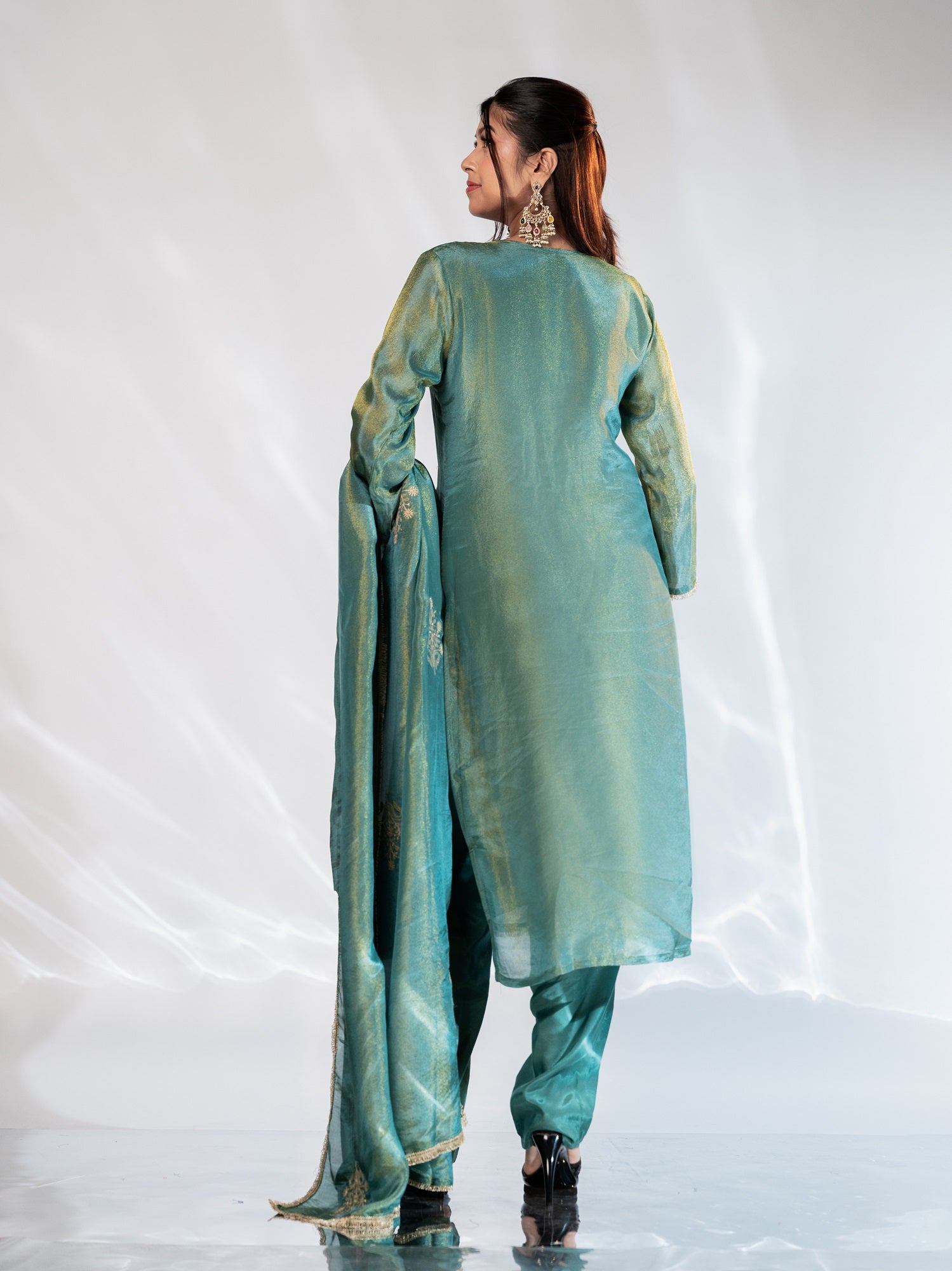 Rich Teal Shimmer Zari-Embroidered Suit Set